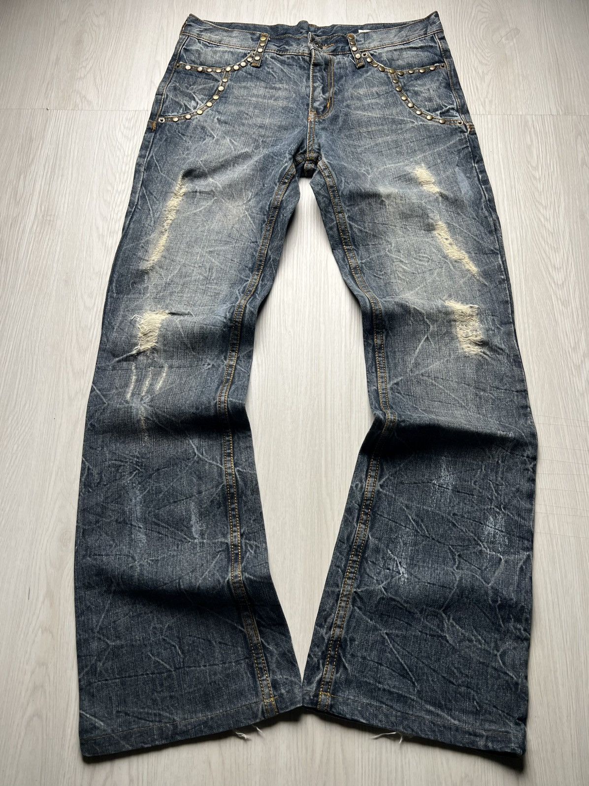 Le Grande Bleu (L.G.B.) Semantic Design Distressed Studded Flared Jeans Size US 32 / EU 48 - 1 Thumbnail