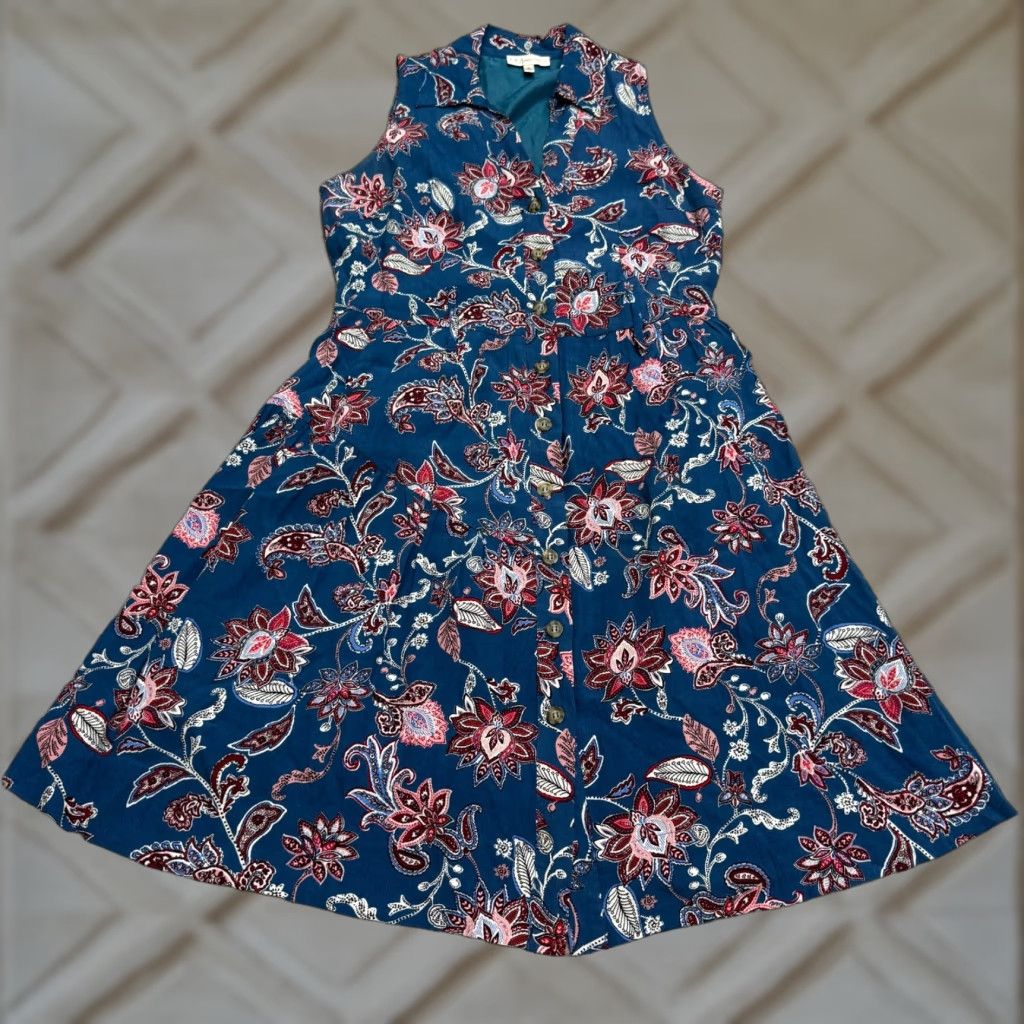 Neiman Marcus Paisley Floral A-Line Midi Dress Women Medium Button Down Collared
