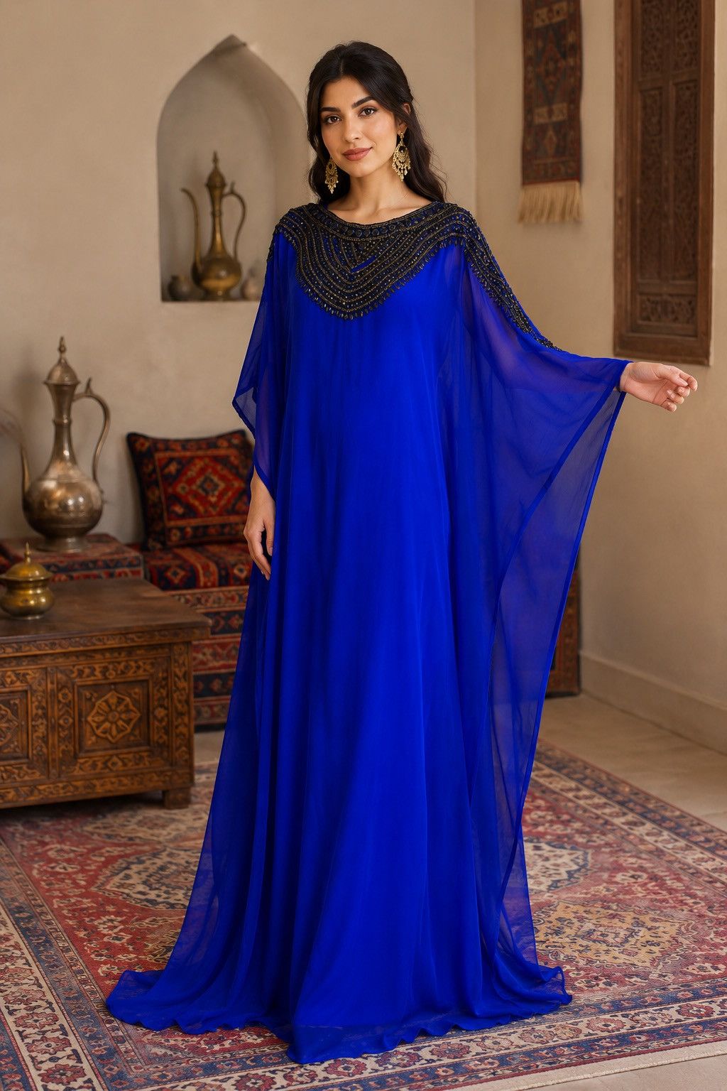 Vintage Royal blue women’s Islamic Kaftan black beaded embroidery Size M / US 6-8 / IT 42-44 - 1 Thumbnail