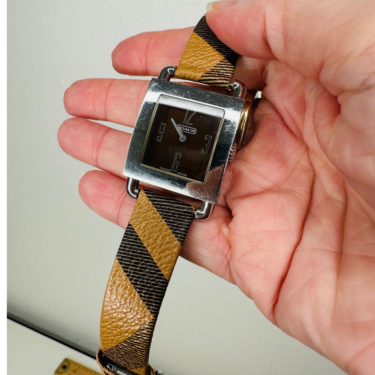 Coach Coach Silver Square Bronze Face Watch Tan Plaid Watchband Size ONE SIZE - 5 Thumbnail
