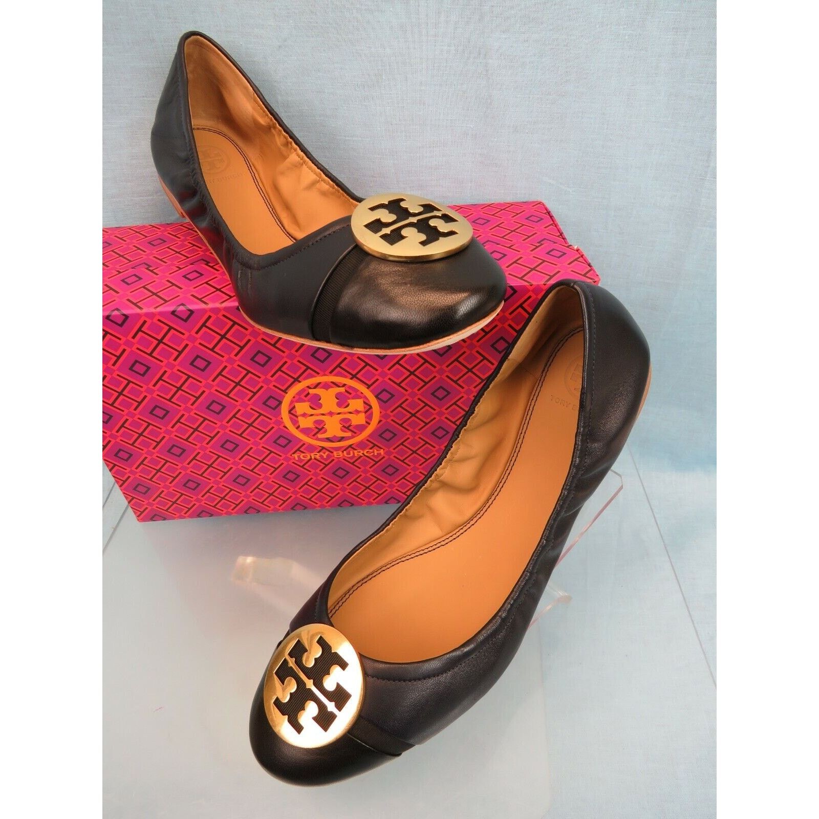 Tory Burch TORY BURCH MINNIE BLUE LEATHER GOLD REVA BLACK TOE FLATS 9 Size US 9 / IT 39 - 4 Thumbnail