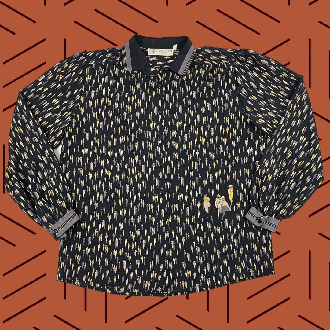 VTG Serge Nancel Blouse Womens Sz 42 Button-Up Geometric Pattern Black 42 Retro Classic Womens