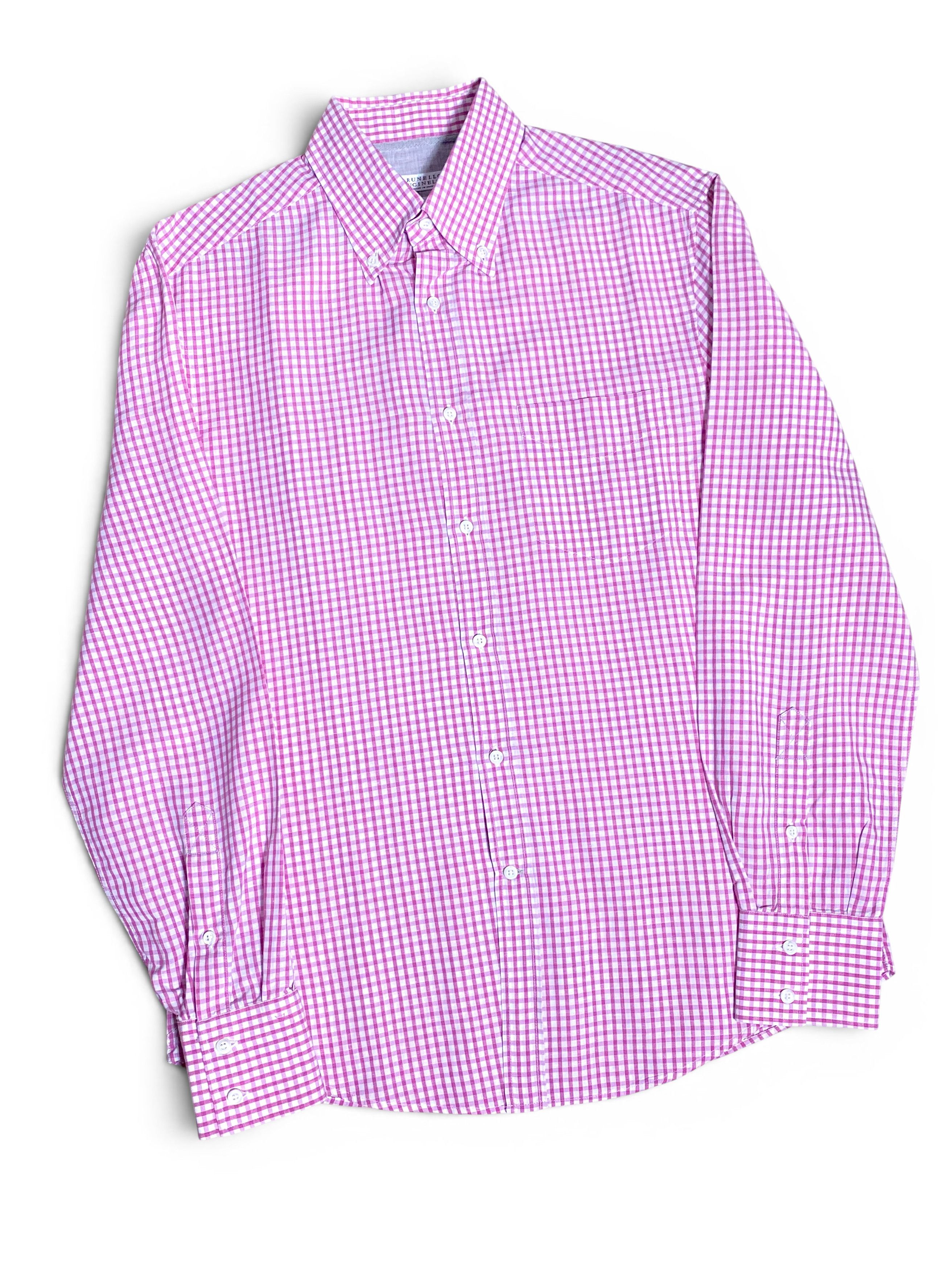Brunello Cucinelli Brunello Cucinelli Pink White Check Cotton Linen Slim Shirt Size US M / EU 48-50 / 2 - 2 Thumbnail