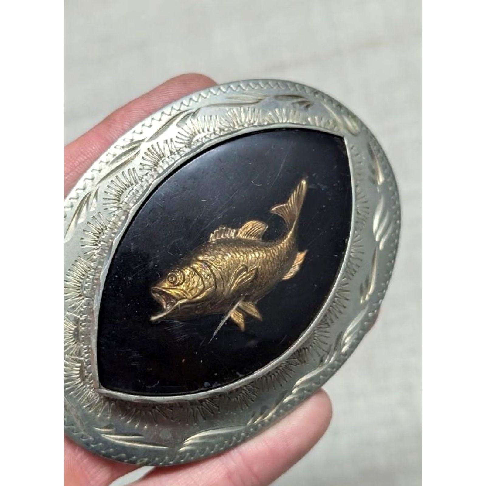 Vintage VINTAGE Western Jewelry belt buckle FISHING BASS German Silver Men Engraved 2.75" x 4" Fits 1.5" Womens? Size ONE SIZE - 2 Thumbnail