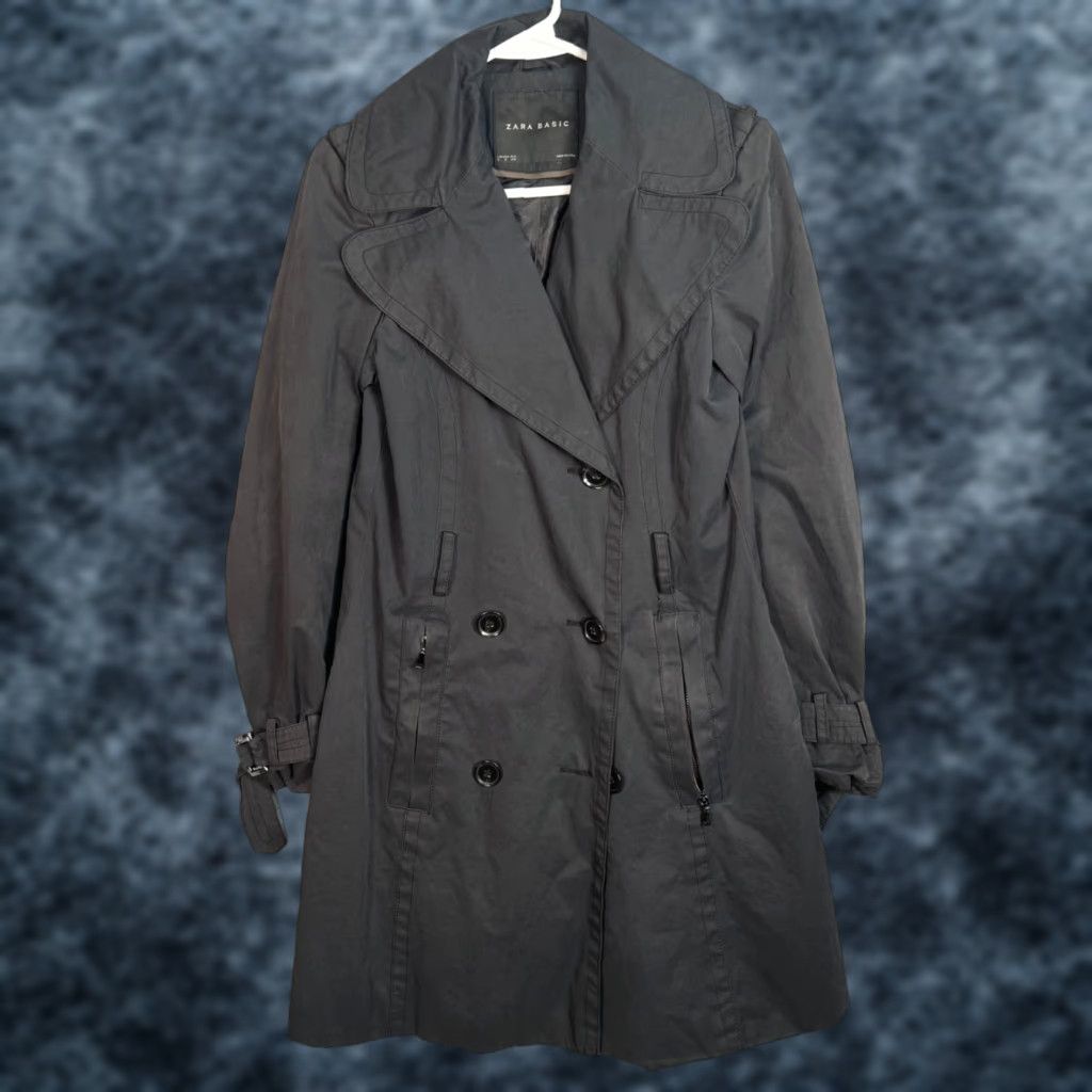 Zara Zara Basic Womens Black Trench Coat Size Small Double Breasted Cotton Blend Size S / US 4 / IT 40 - 1 Thumbnail