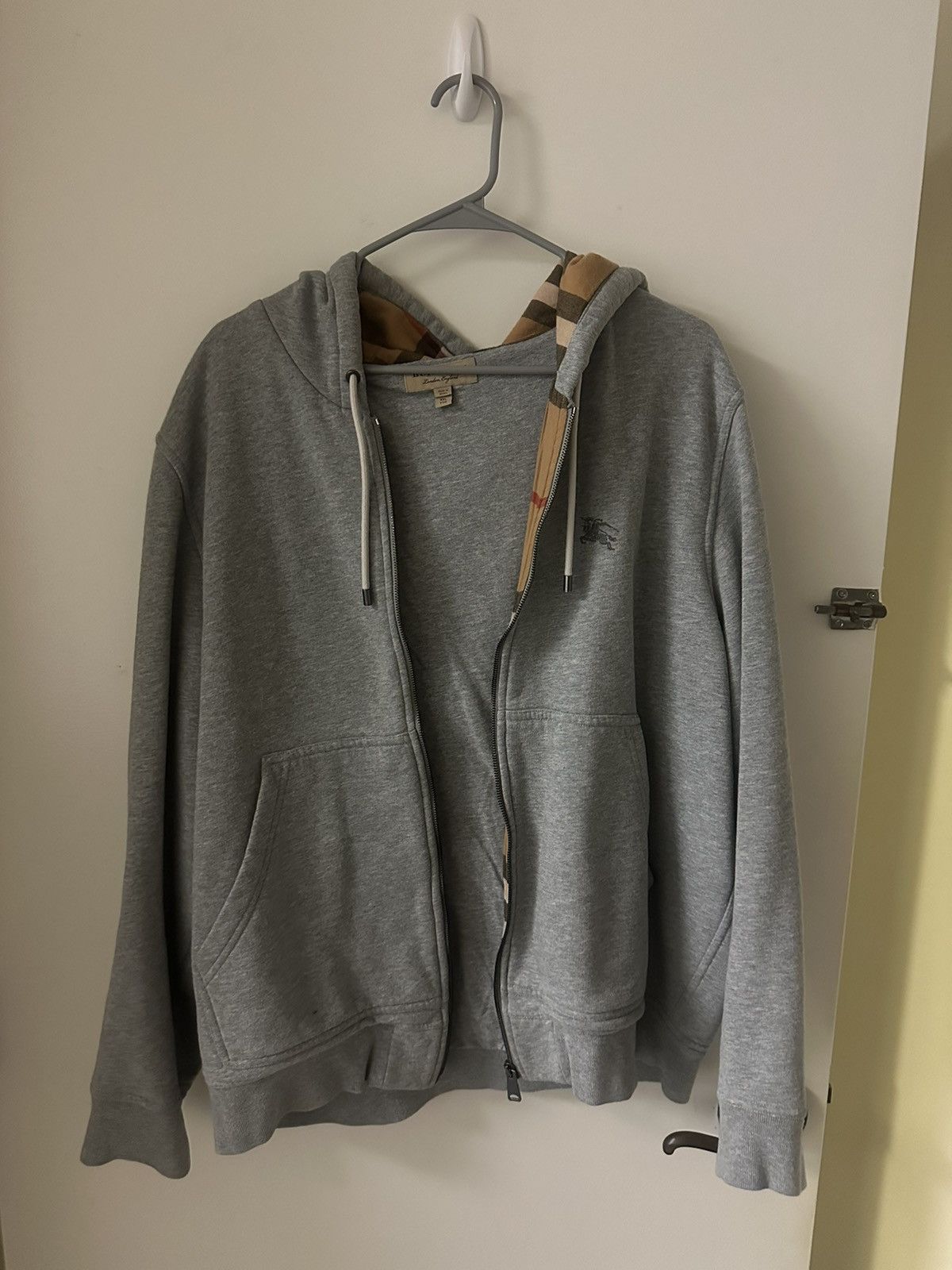 image of Burberry Zip-Up Hooded Sweatshirt in Grey, Men's (Size 2XL)