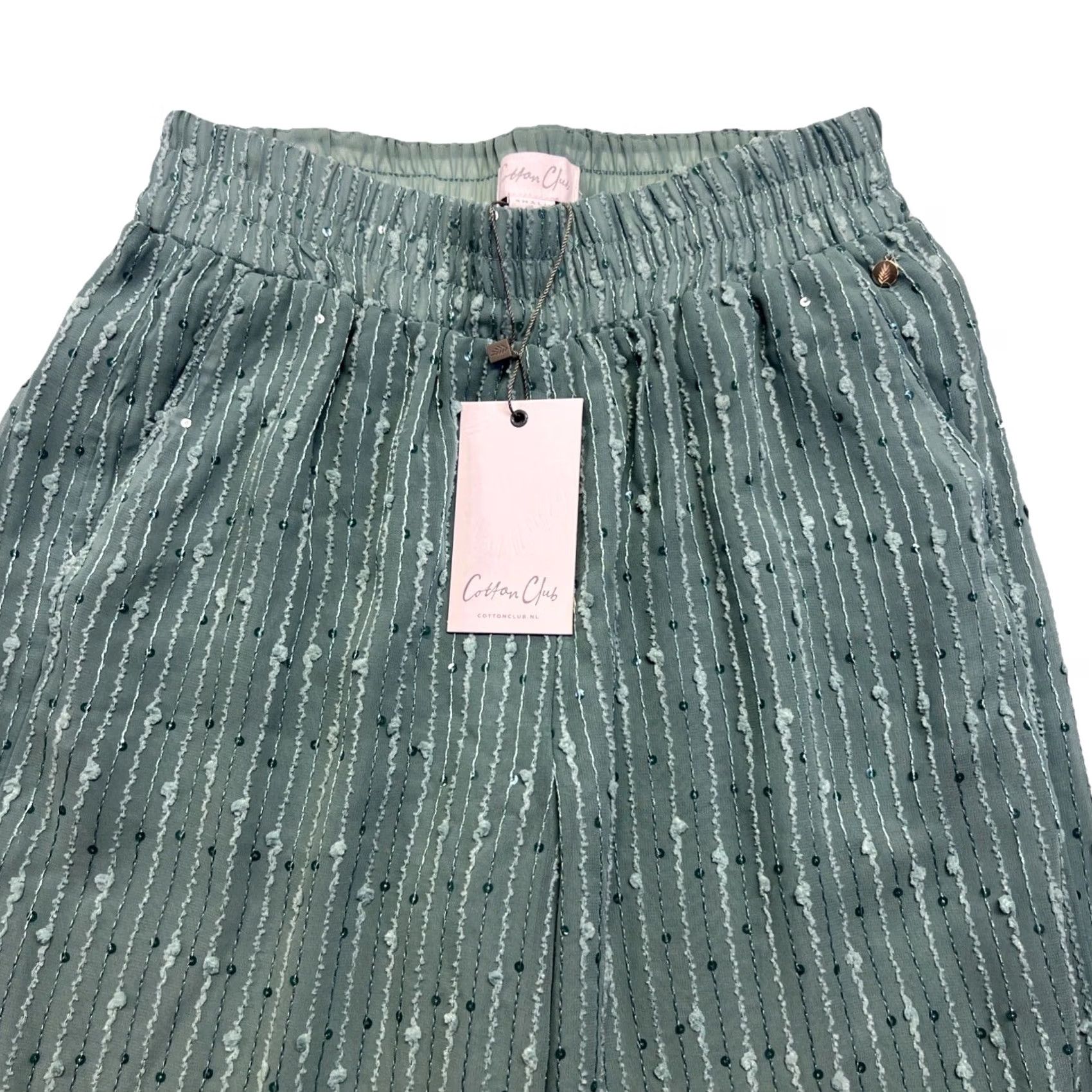 Vintage Cotton Club Pants Wide-Leg Palazzo NWT Sage Green Sequin Textured Knit Cotton S Size 28" / US 6 / IT 42 - 5 Thumbnail