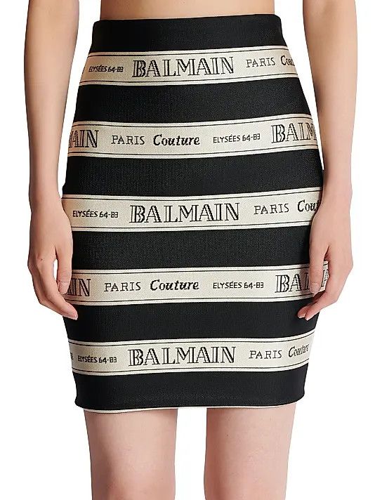 Balmain o1s1wg111225 Logo Striped Jacquard Miniskirt in Black/Beige Size 26" / US 2 / IT 38 - 2 Thumbnail