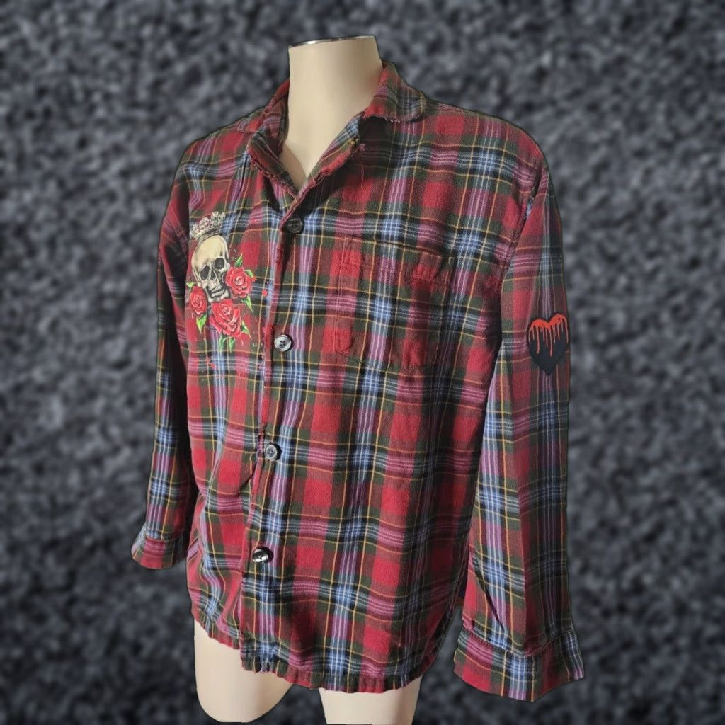 Vintage VINTAGE L.L.Bean Upcycled Flannel Shirt Halloween Skeleton Crown Heart Graphic Print Red Long Sleeve Mens Size US M / EU 48-50 / 2 - 1 Thumbnail
