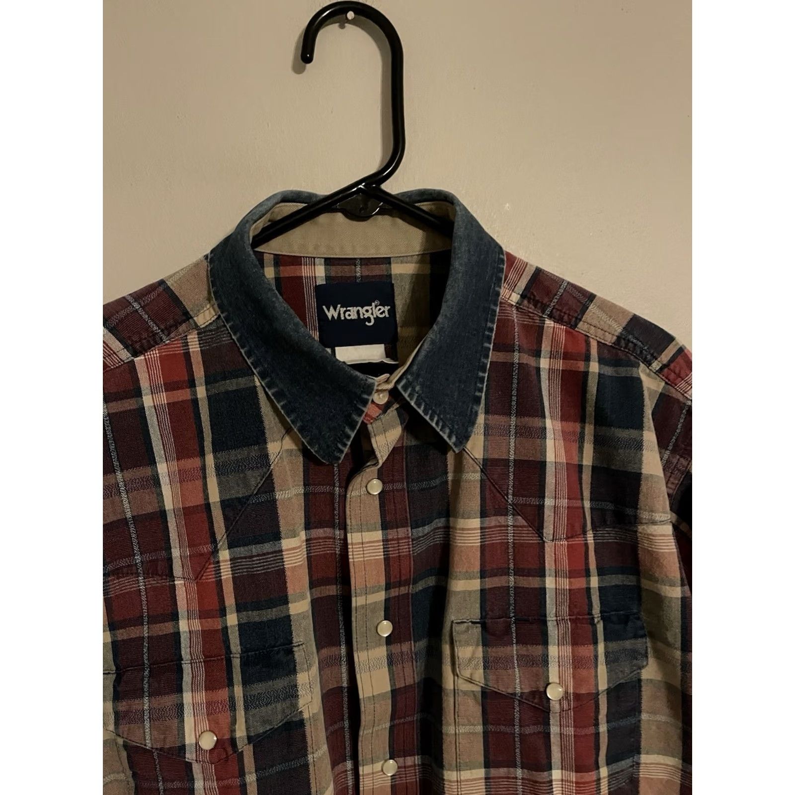 Wrangler VINTAGE Wrangler Western Denim Collar Plaid L/S Pearl Snap Cowboy Shirt Men's XL Size US XL / EU 56 / 4 - 2 Thumbnail
