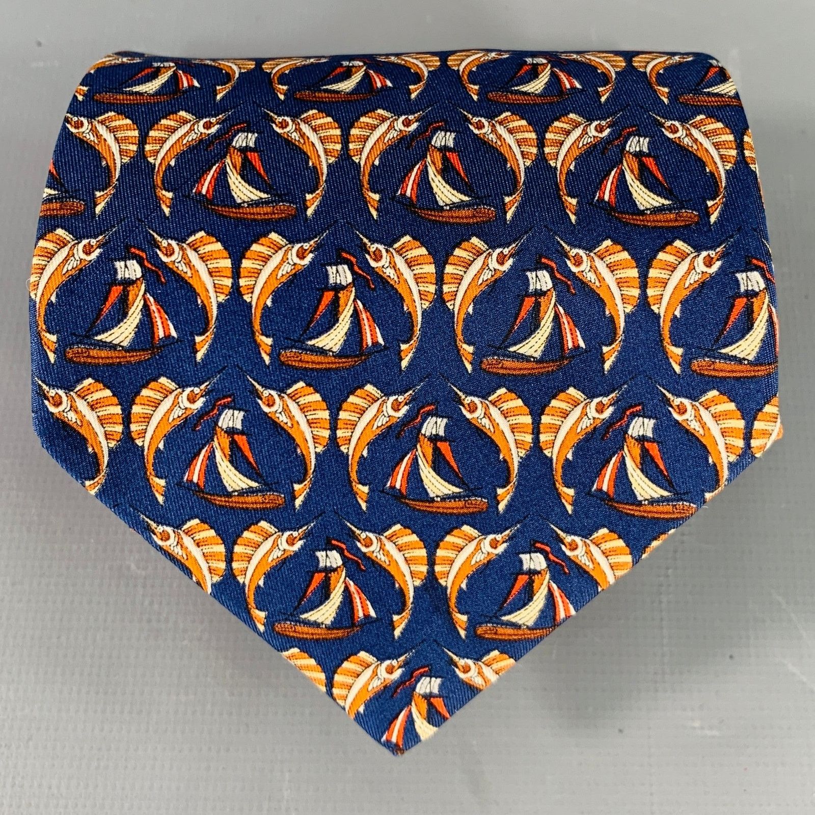 Salvatore Ferragamo SALVATORE FERRAGAMO Navy Orange Swordfish Nautical Silk Tie Size ONE SIZE - 1 Thumbnail