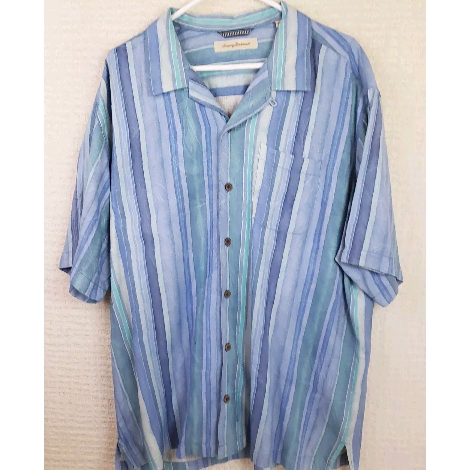 Tommy Bahama Tommy Bahama Silk Shirt Blue Striped Button-Up Down Short Sleeve XL Mens Size US XL / EU 56 / 4 - 2 Thumbnail