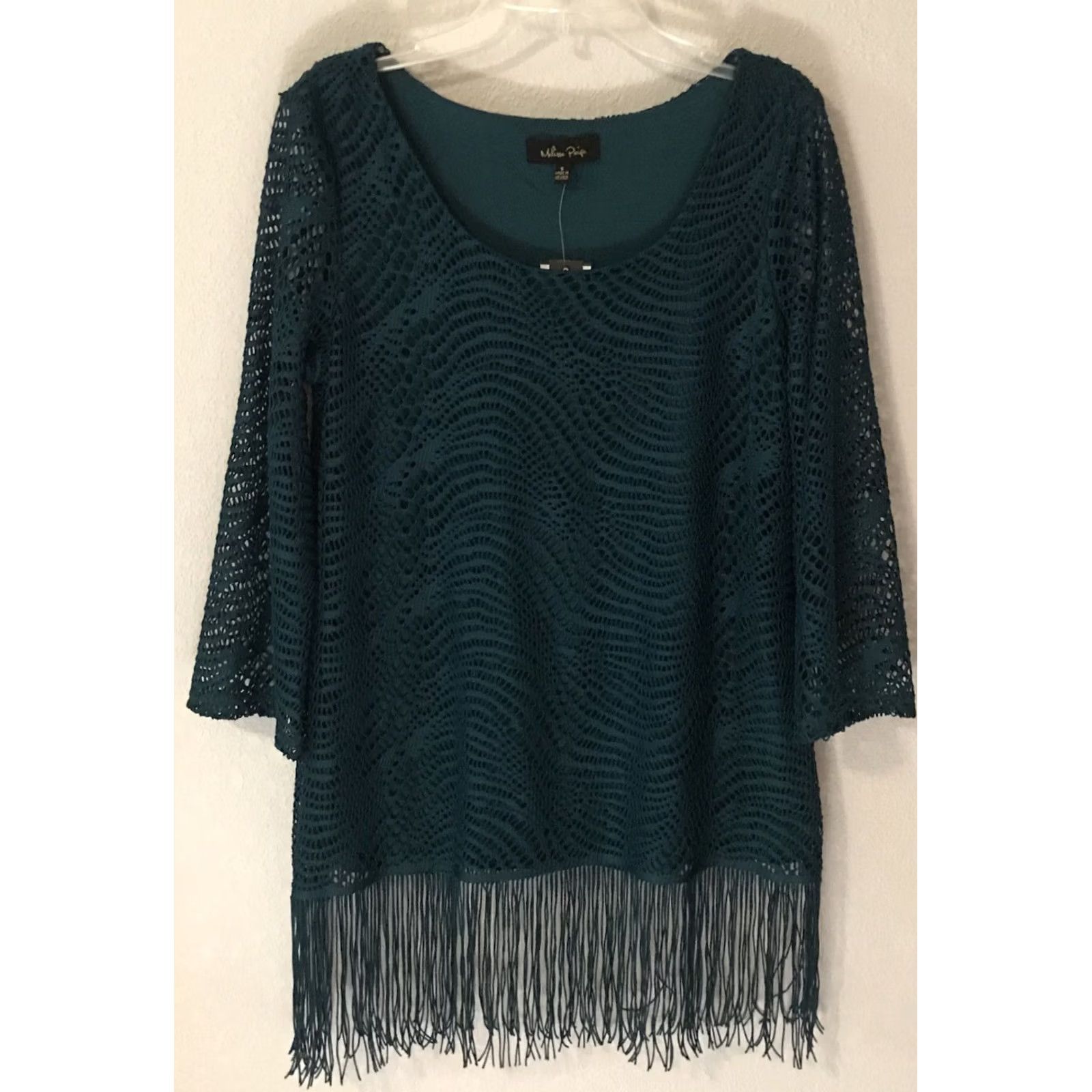 Melissa Melissa Paige Blouse Top Womens Size S Fringe 3/4 Sleeve Green NWT Lined Polyester Blend Party Cocktail Shirt Womens Size S / US 4 / IT 40 - 2 Thumbnail