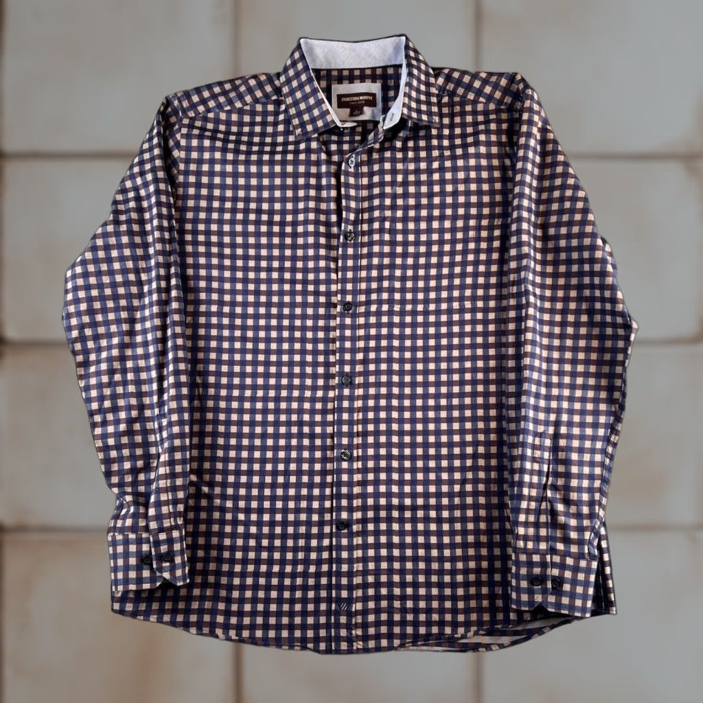 Johnston & Murphy Johnston Murphy Button-Up Shirt Mens L Brown Navy Preppy Cotton Button Collar Long Sleeve Knit Collarless? Size US L / EU 52-54 / 3 - 1 Thumbnail