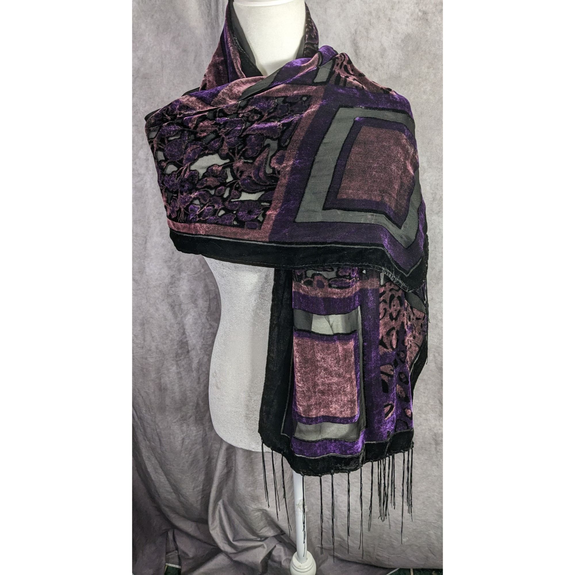 Other Vintage Burnt Velvet Abstract Scarf With Fringe 61"x20" Purp Size ONE SIZE - 10 Thumbnail