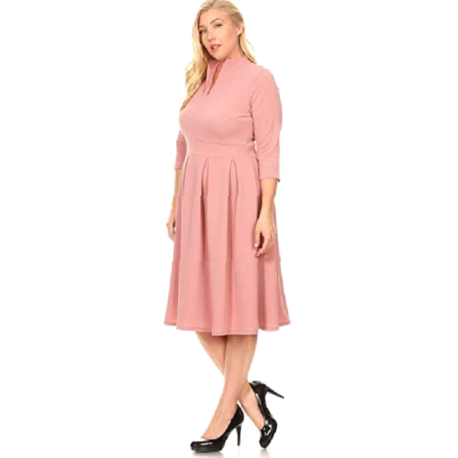 Vintage Pastel by Vivienne Women's Textured Fit & Flare Midi Dress with Pleated Skirt in Plus Size Pink Rose 3XL V-Neck A-Line 3/4 Sleeve Size 40" / US 18 - 3 Thumbnail