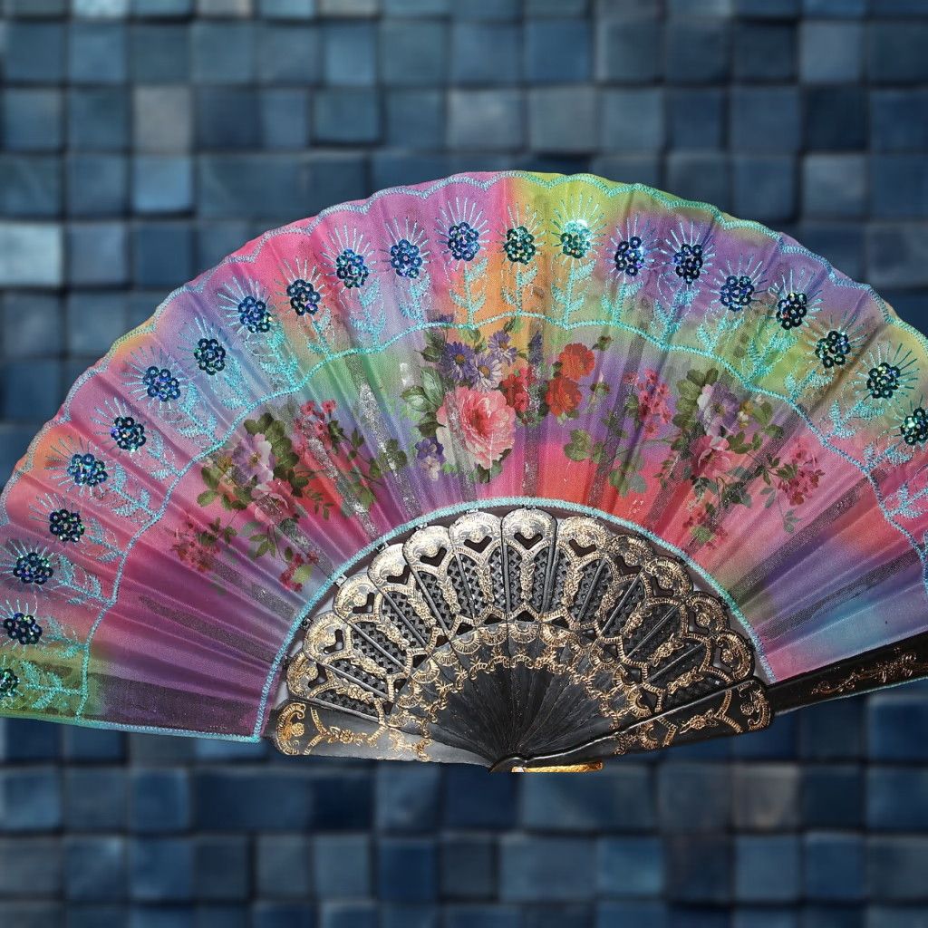 Vintage VINTAGE Hand Fan with Flowers Sequin Small Adult Decorative A3 Size ONE SIZE - 1 Thumbnail
