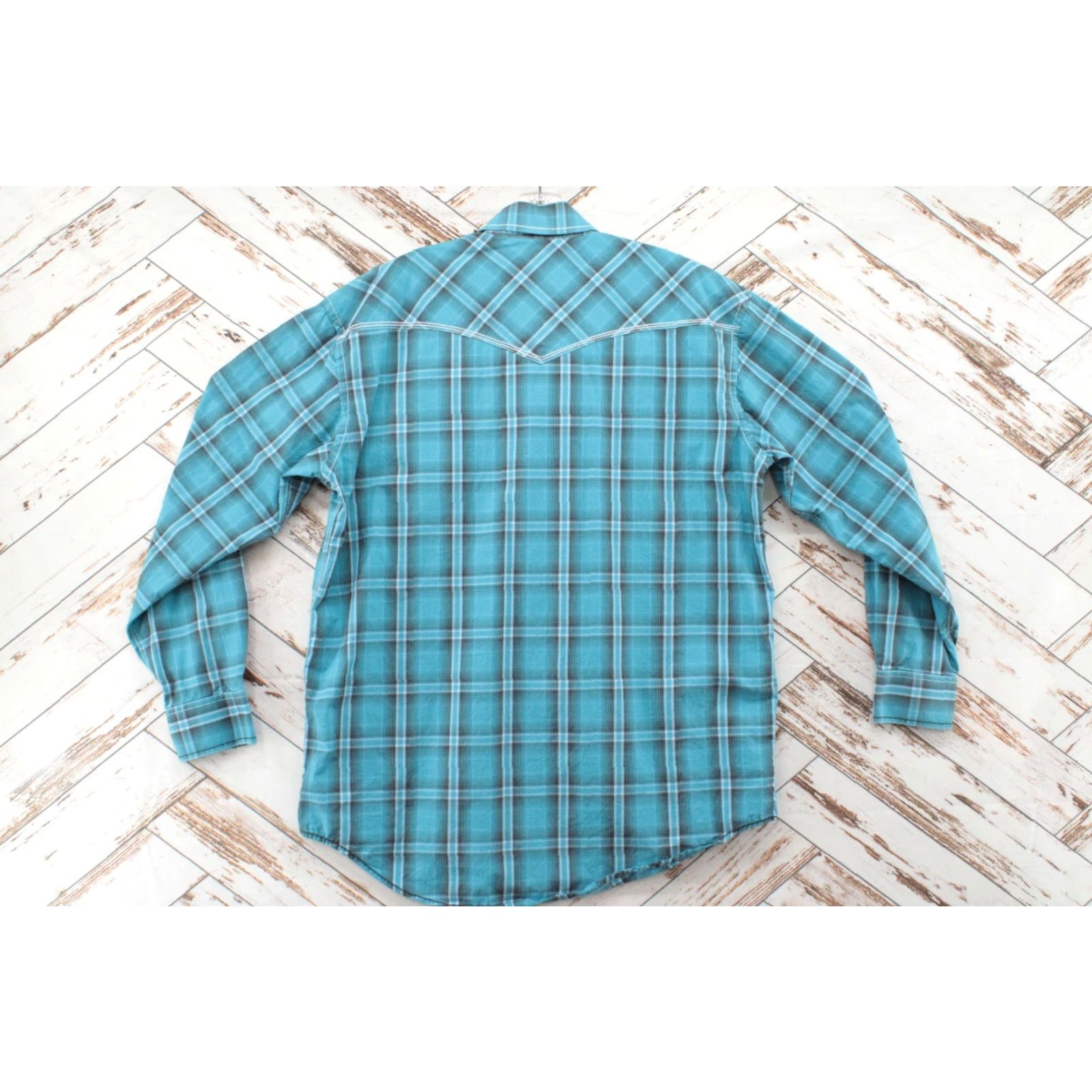 Vintage Panhandle Rough Stock Shirt Men's L Turquoise Plaid Flip Cuff Western Pearl Snap Shirt Size US L / EU 52-54 / 3 - 3 Thumbnail