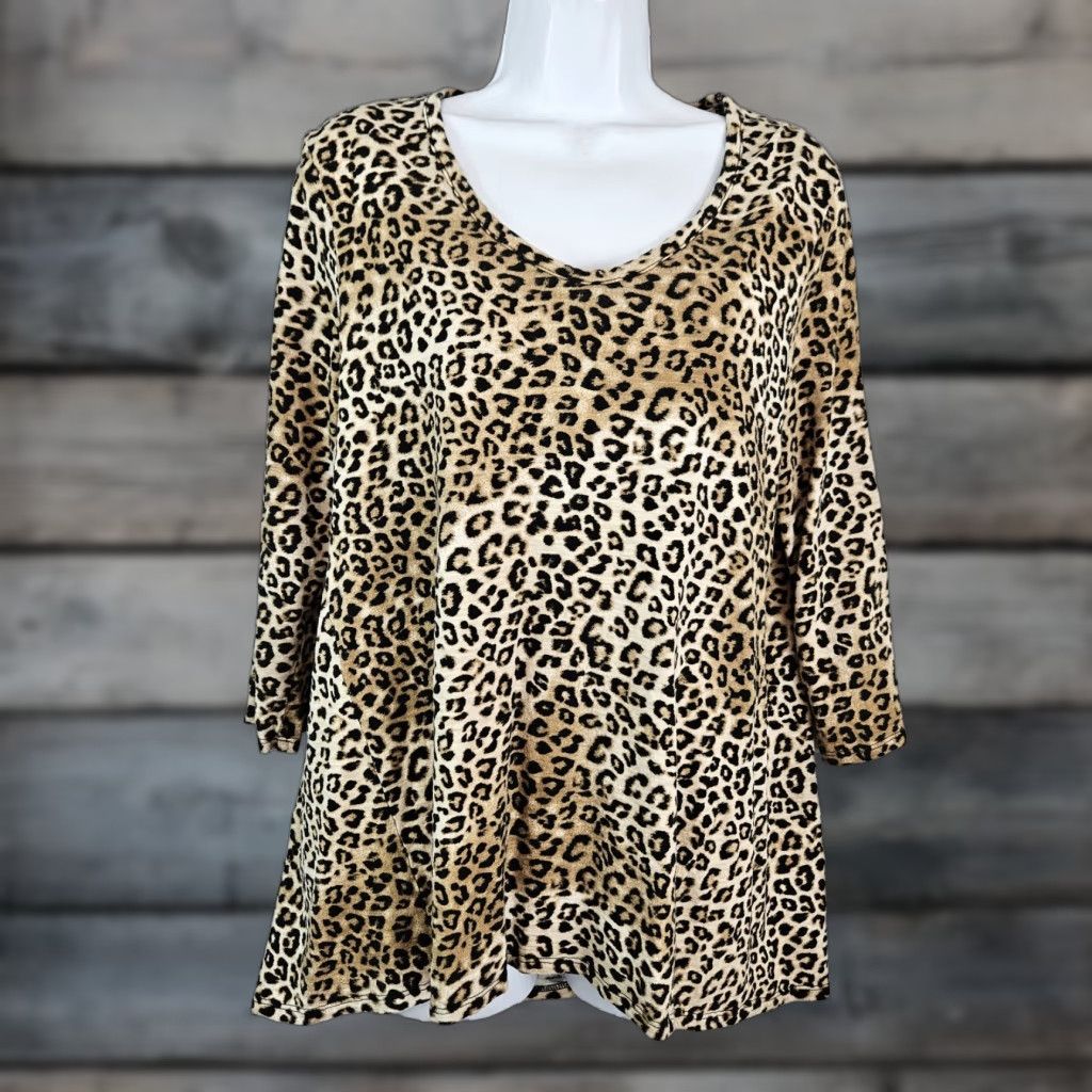 Vintage Chicos Womens Top Sz Large Black Brown Animal Print 3/4 Sleeve Cotton Blend Size L / US 10 / IT 46 - 1 Thumbnail