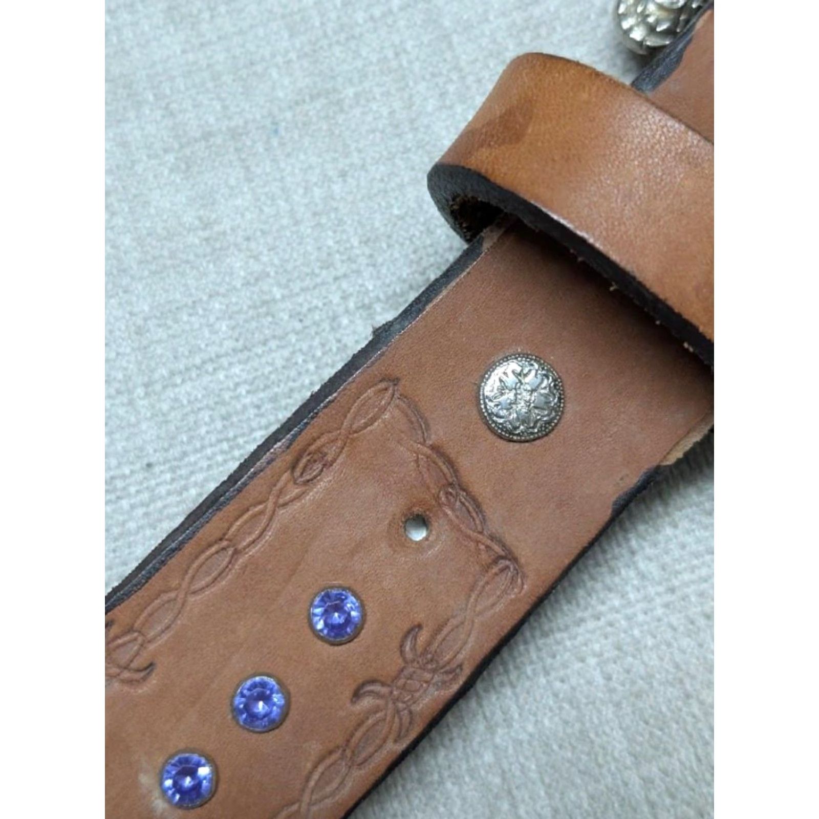 Vintage VINTAGE HANDCRAFTED Western Belt Unisex Adults 32 Brown Tooled Rhinestone Studded Cowboy Buckle Belt Western 90s Size 32 - 6 Thumbnail