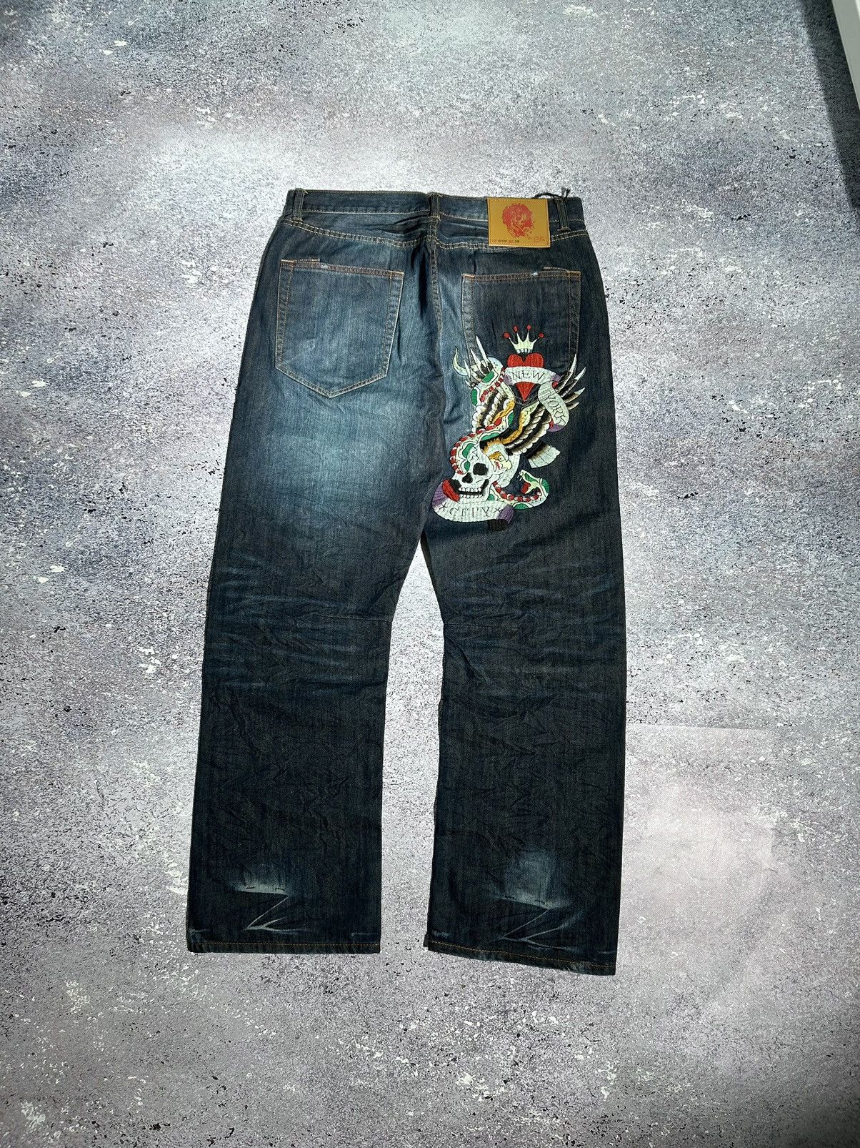 Ed Hardy Jeans Denim EAGLE Skull Big Logo Back Rare Y2K