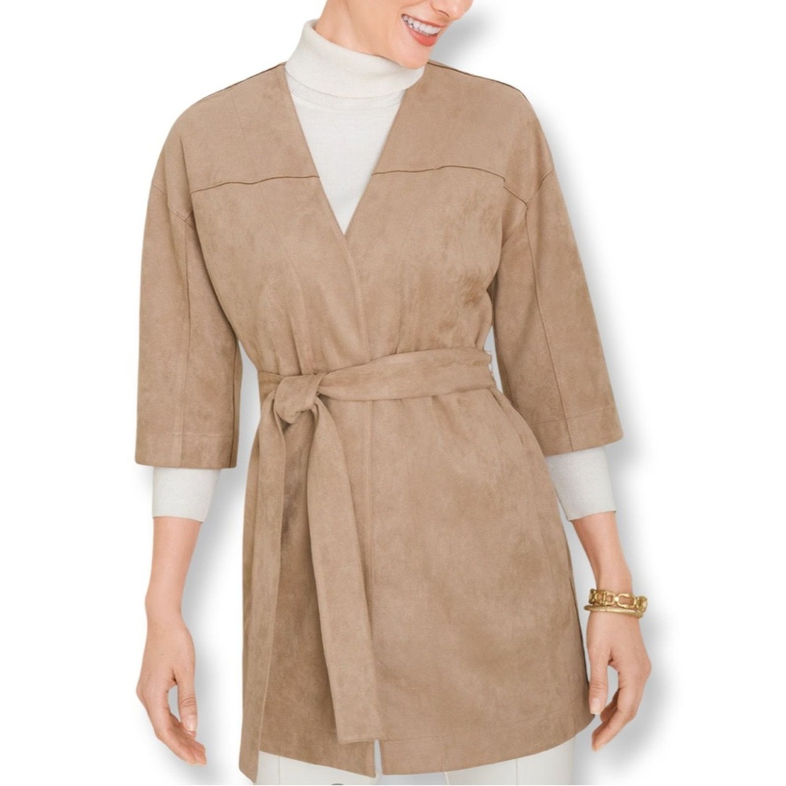 Chicos Chico’s Tan Faux Suede Kimono Coat With Belt Size M / US 6-8 / IT 42-44 - 2 Thumbnail