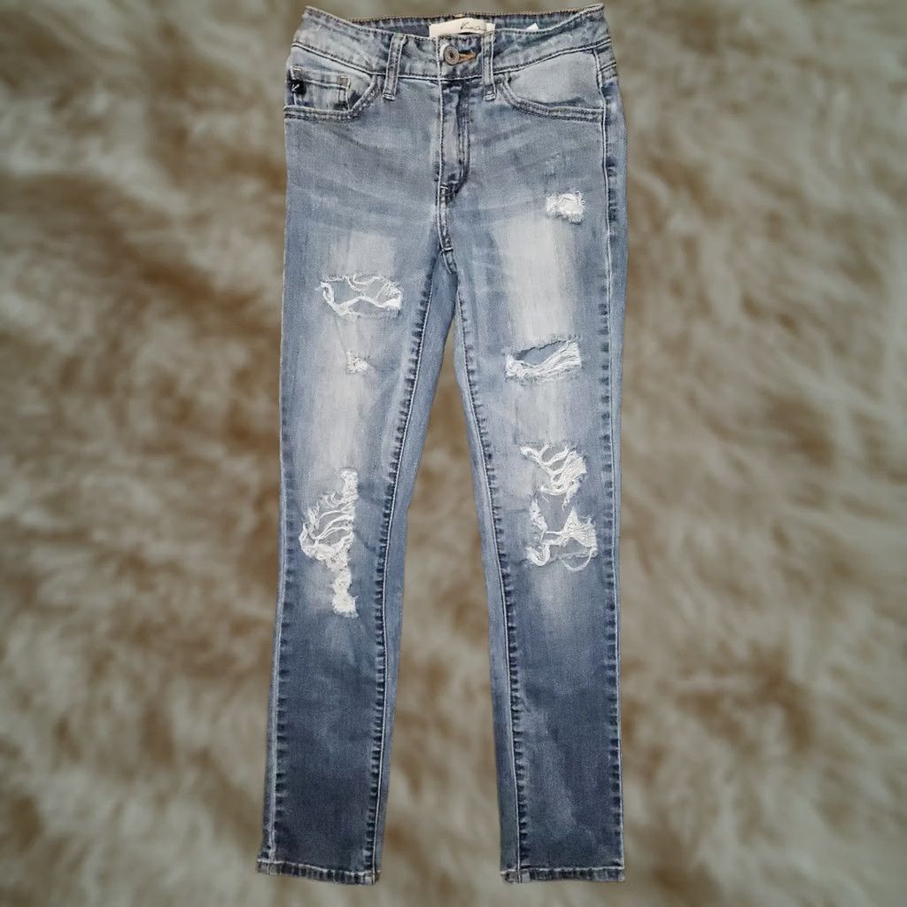 Vintage Kancan Skinny Jeans Juniors 23 Low Rise Blue Stretch Distressed Preppy Casual Denim Womens Size 40" / US 18 - 1 Thumbnail