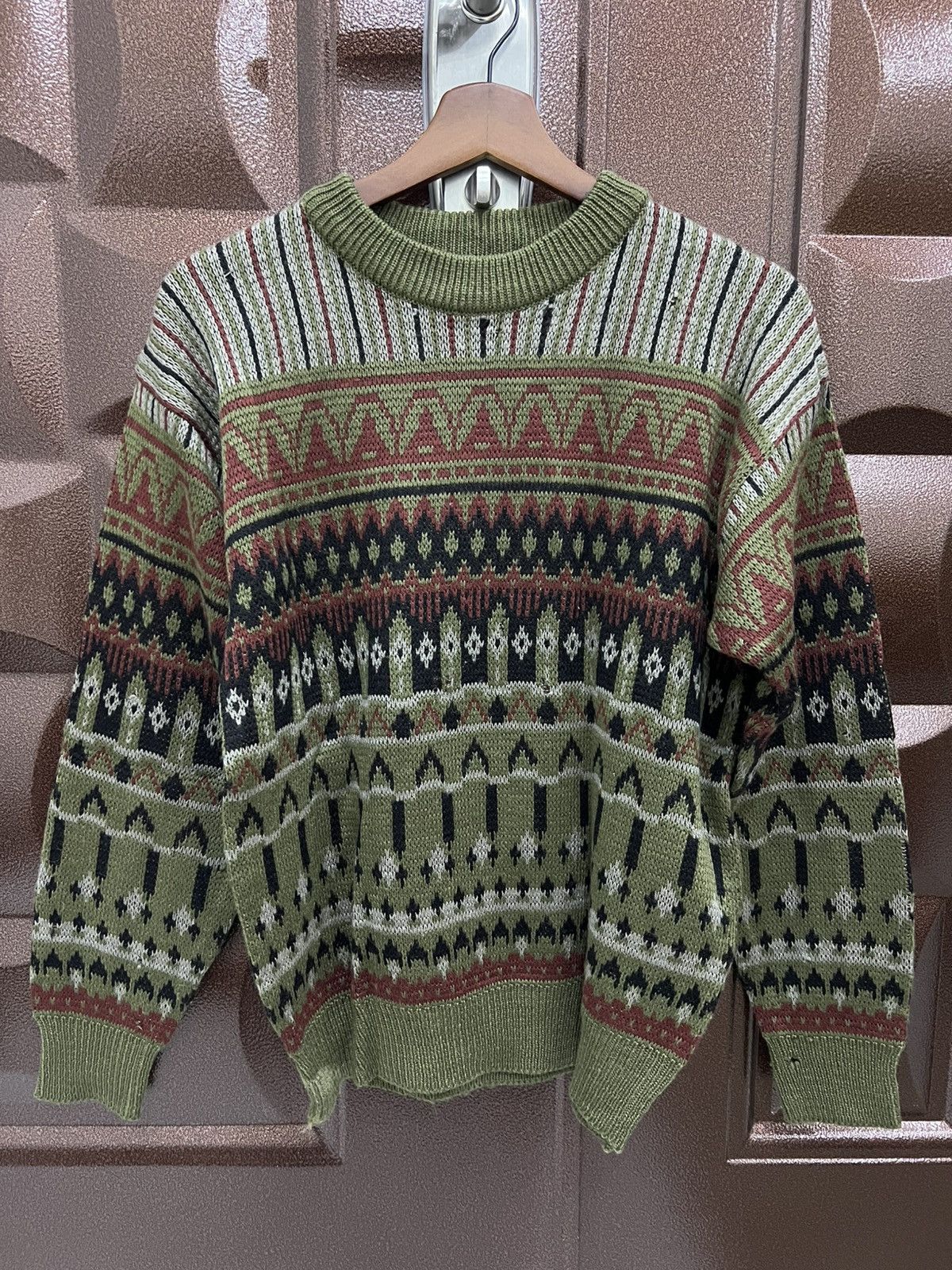 Japanese Brand GRIFFIN Fair Isle Knit Sweater Green Red Nordic Geometric Size US M / EU 48-50 / 2 - 2 Thumbnail