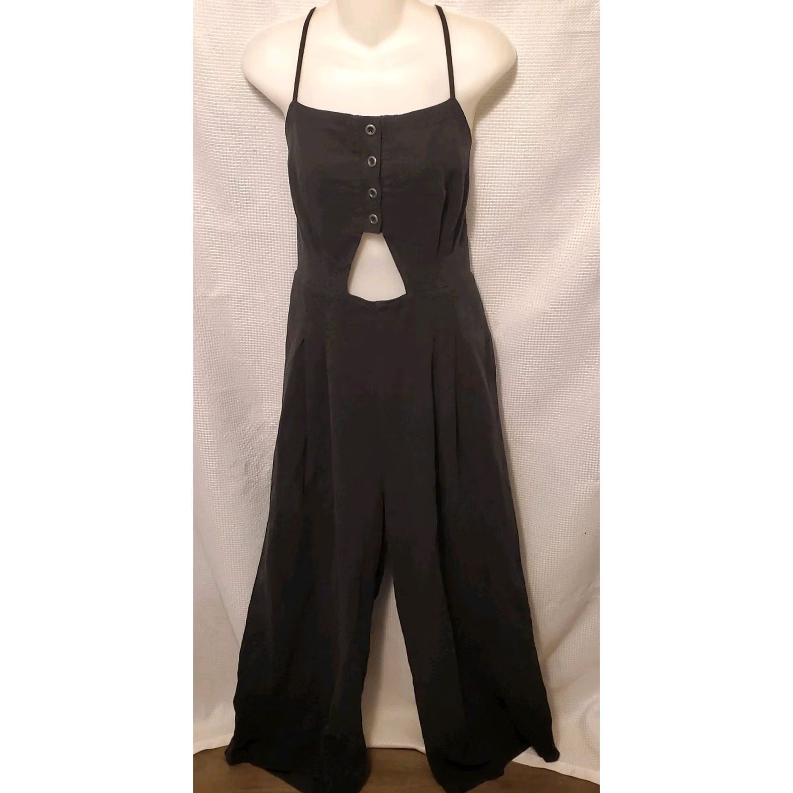 Free People VINTAGE? No — Free People Marbella Black Linen Wide Leg Jumpsuit L Womens Bohemian Beach Festival Summer Size 36" / US 14 / IT 50 - 5 Thumbnail