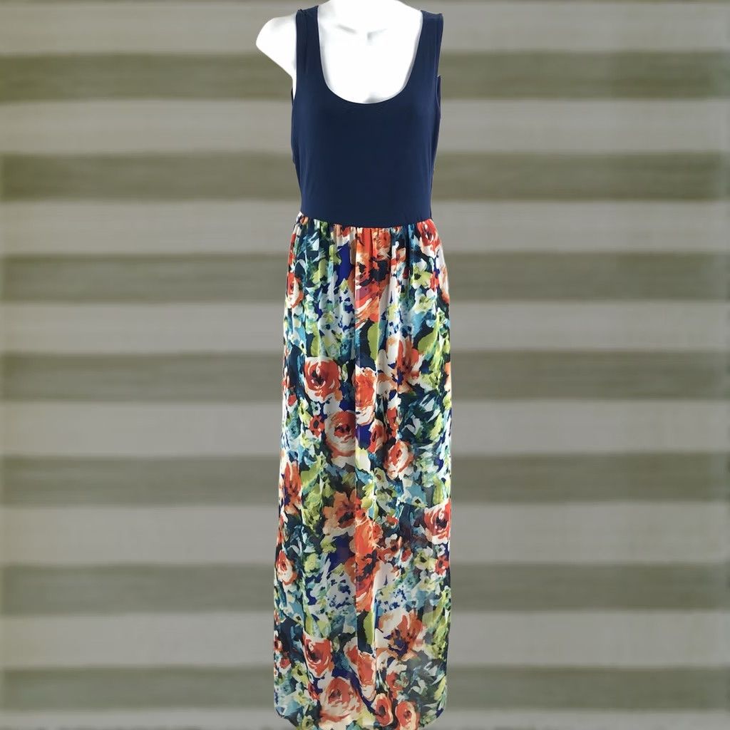 Vintage Boutique Maxi Tank Dress L Blue Floral Chiffon Crisscross Beach Sun Dress Size L / US 10 / IT 46 - 1 Thumbnail