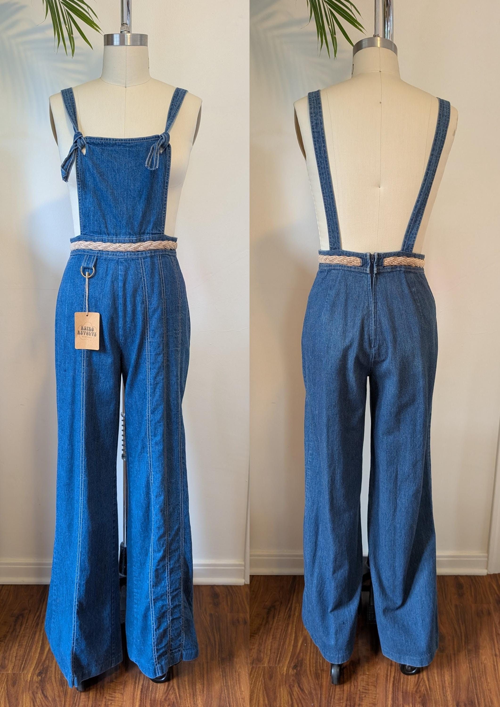 Sears Vintage 70s Jr Bazaar Flared Denim Jumpsuit Bib Overalls Size 27" / US 4 / IT 40 - 4 Thumbnail