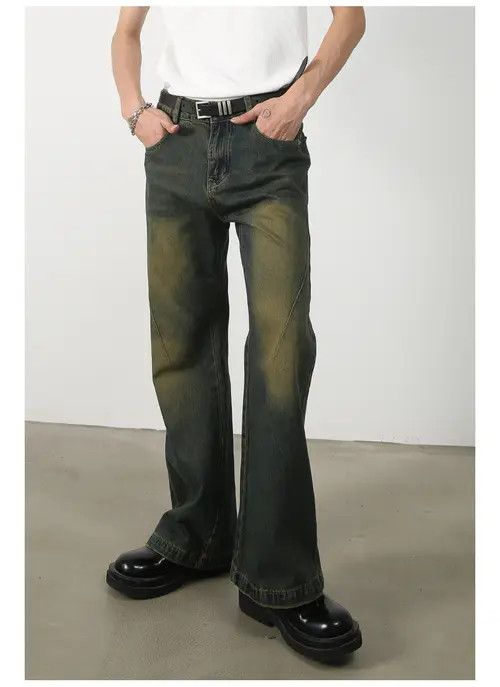 Japanese style washed distressed loose flared jeans