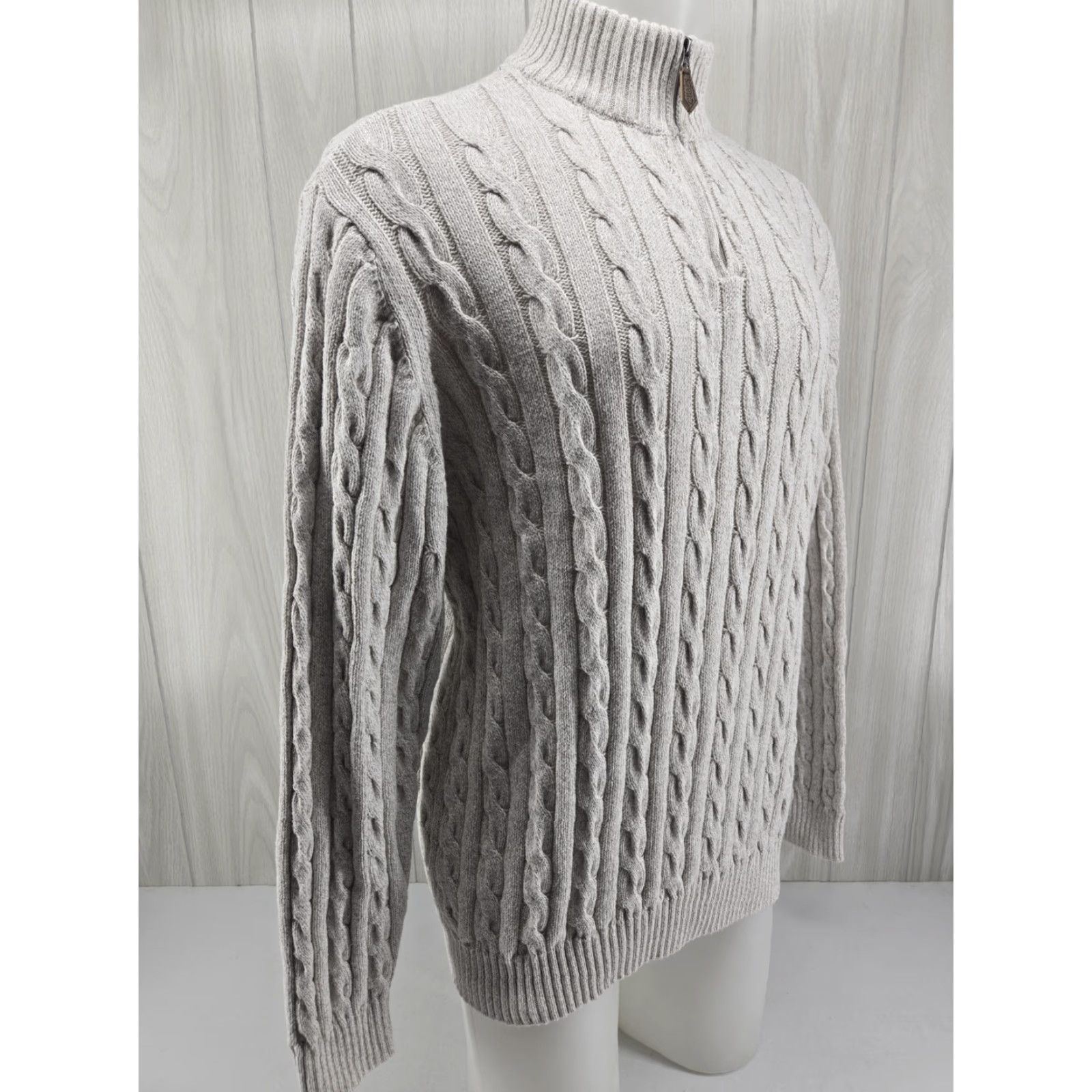 Chaps Chaps Sweater Men's XL 1/4 Zip Cable Knit Khaki Cream Wool Blend Mock Neck Pullover Vintage: No Size US XL / EU 56 / 4 - 6 Thumbnail