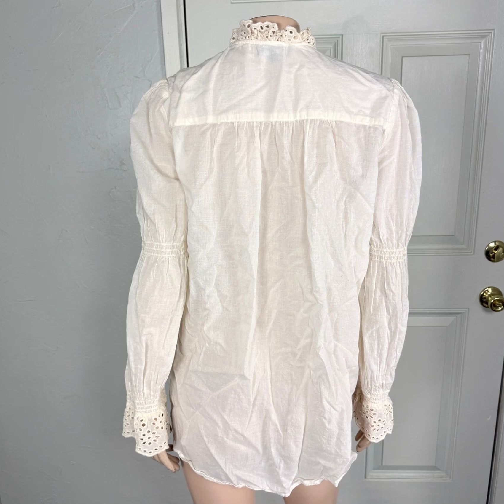 ME+EM ME+EM Womens Shirt S 12 Cotton Button Ruffle Collar Long Sleeve Smocked Cream Bohemian 12 Mens Womens Size XL / US 12-14 / IT 48-50 - 4 Thumbnail