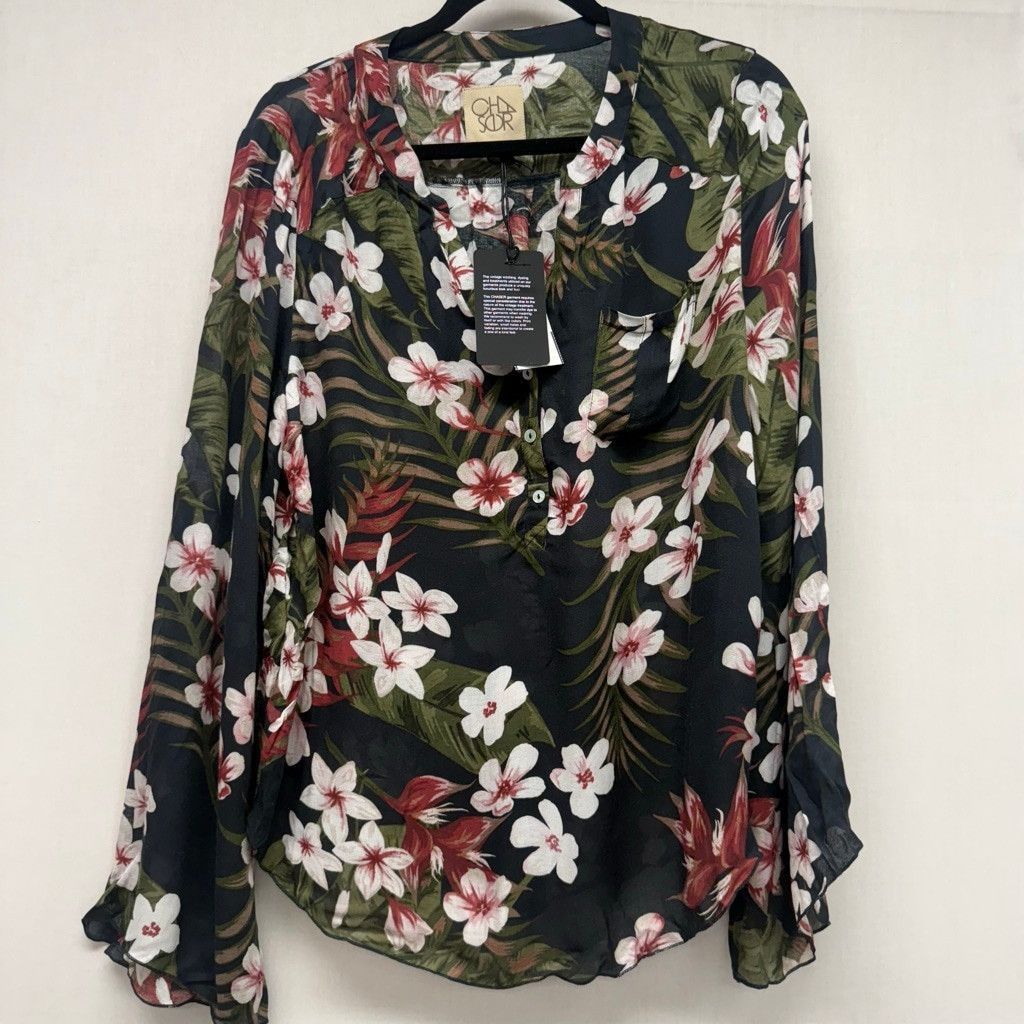 Chaser Brand Women's Chaser L Black White Tropical Long Sleeve Blouse Size L / US 10 / IT 46 - 1 Thumbnail