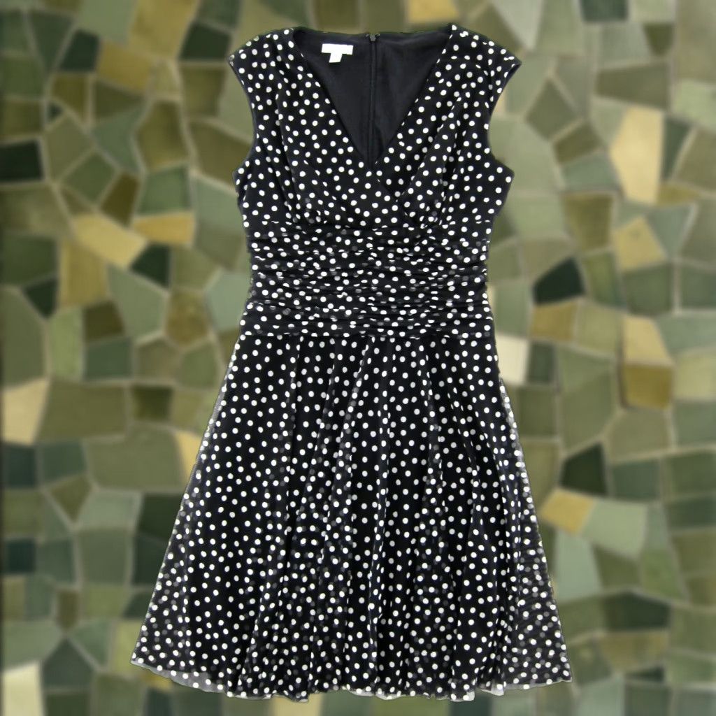 Vintage London Times Dress V-Neck Sheath 8 Black Polka Dot Stretch Sleeveless 8 Women Shirt Dress) Size M / US 6-8 / IT 42-44 - 1 Thumbnail