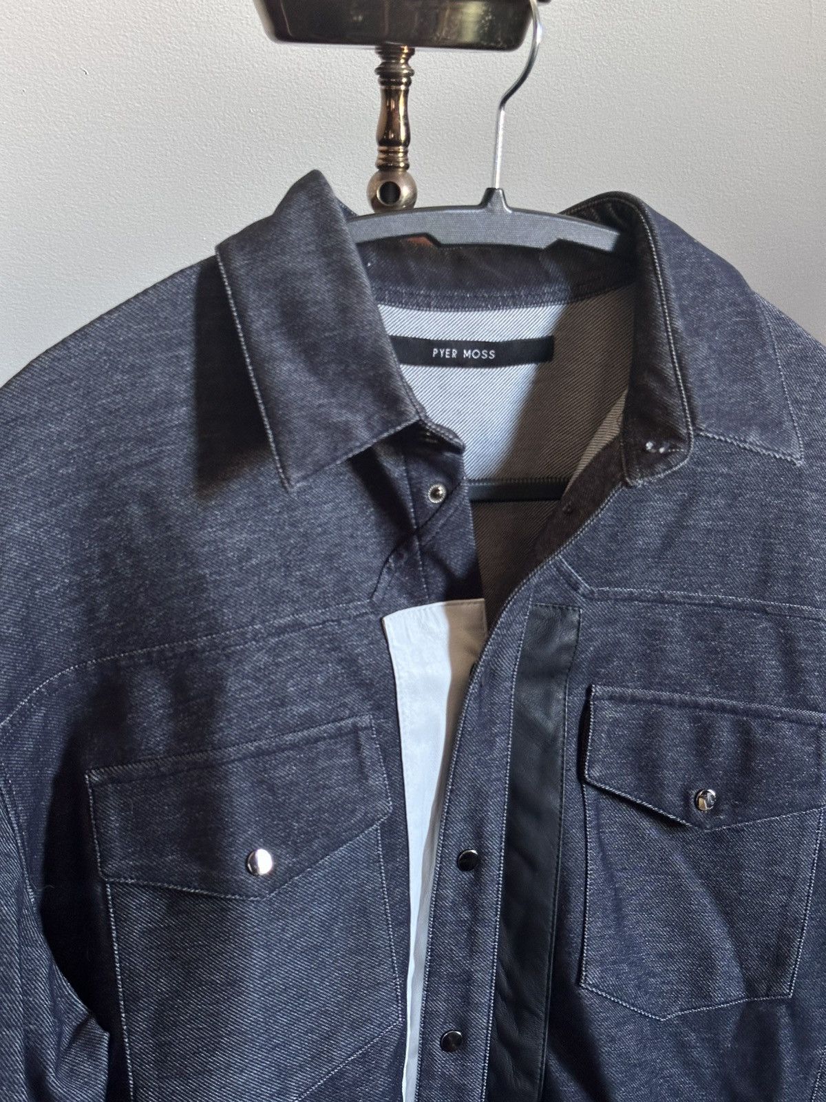 Pyer Moss RARE early denim snap button leather patch shirt jacket Size US M / EU 48-50 / 2 - 2 Thumbnail