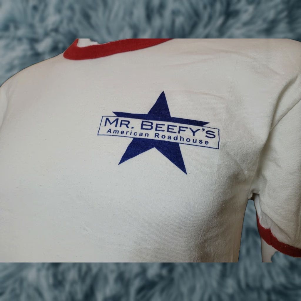 Jerzees VINTAGE Jerzees T-Shirt Mens White Short Sleeve Medium Mr. Beefy's American Roadhouse Defunct Restaurant Bar Oregon OH Size US M / EU 48-50 / 2 - 1 Thumbnail