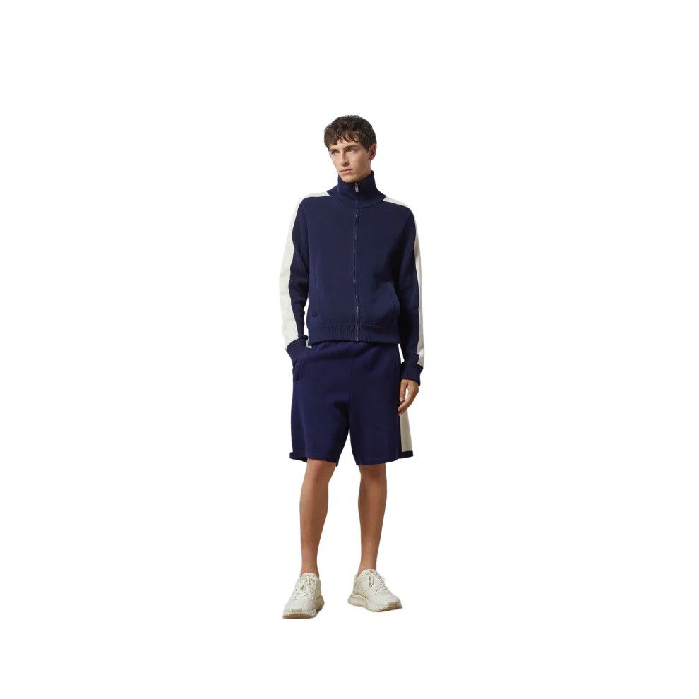 o1mt1gz0525 Cotton Knit Zip Bomber Jacket in Blue/Ivory