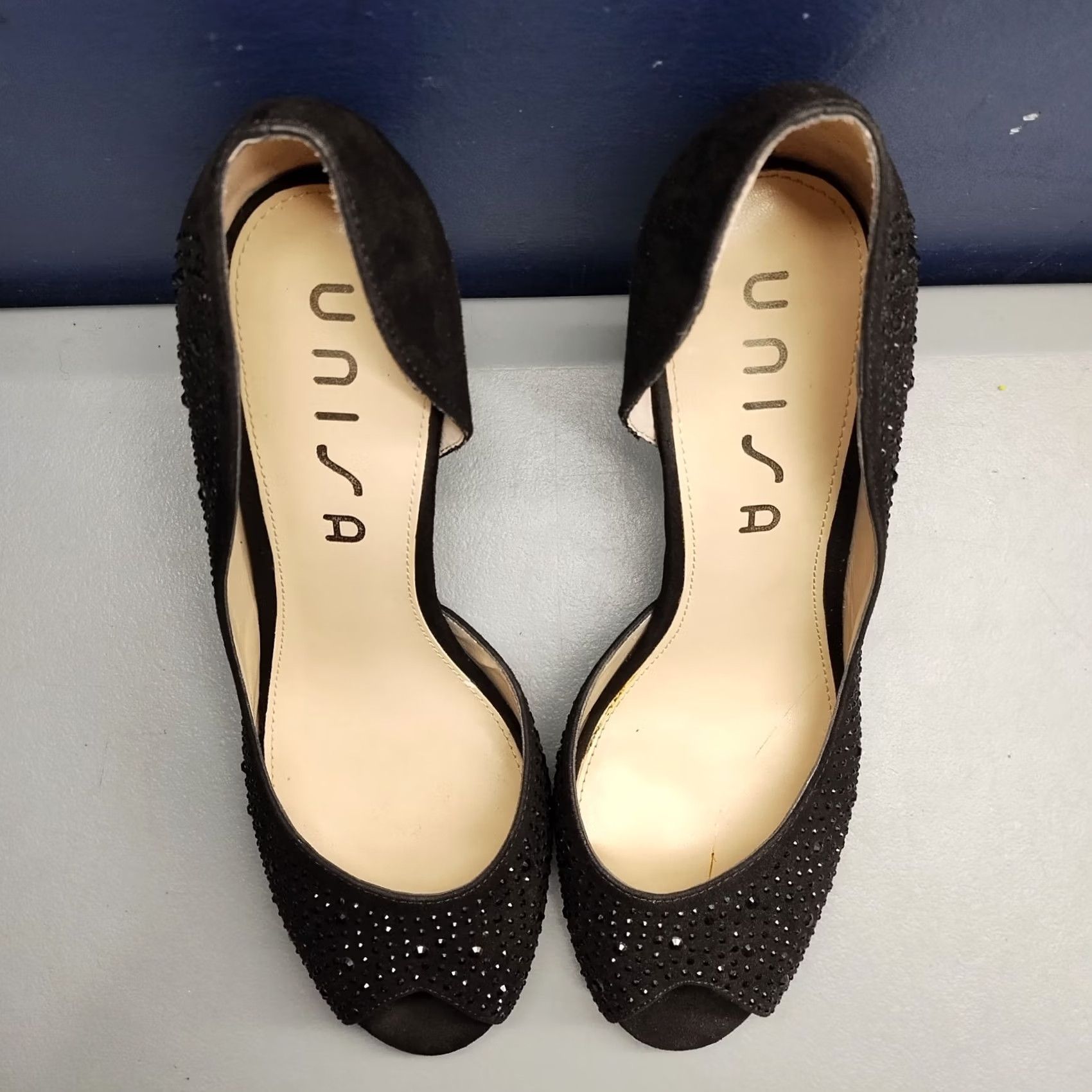 Vintage Unisa Juju Stiletto Pump Heels Womens US Size 8M Black Studded Peep Toe Slip On Size US 8 / IT 38 - 7 Thumbnail