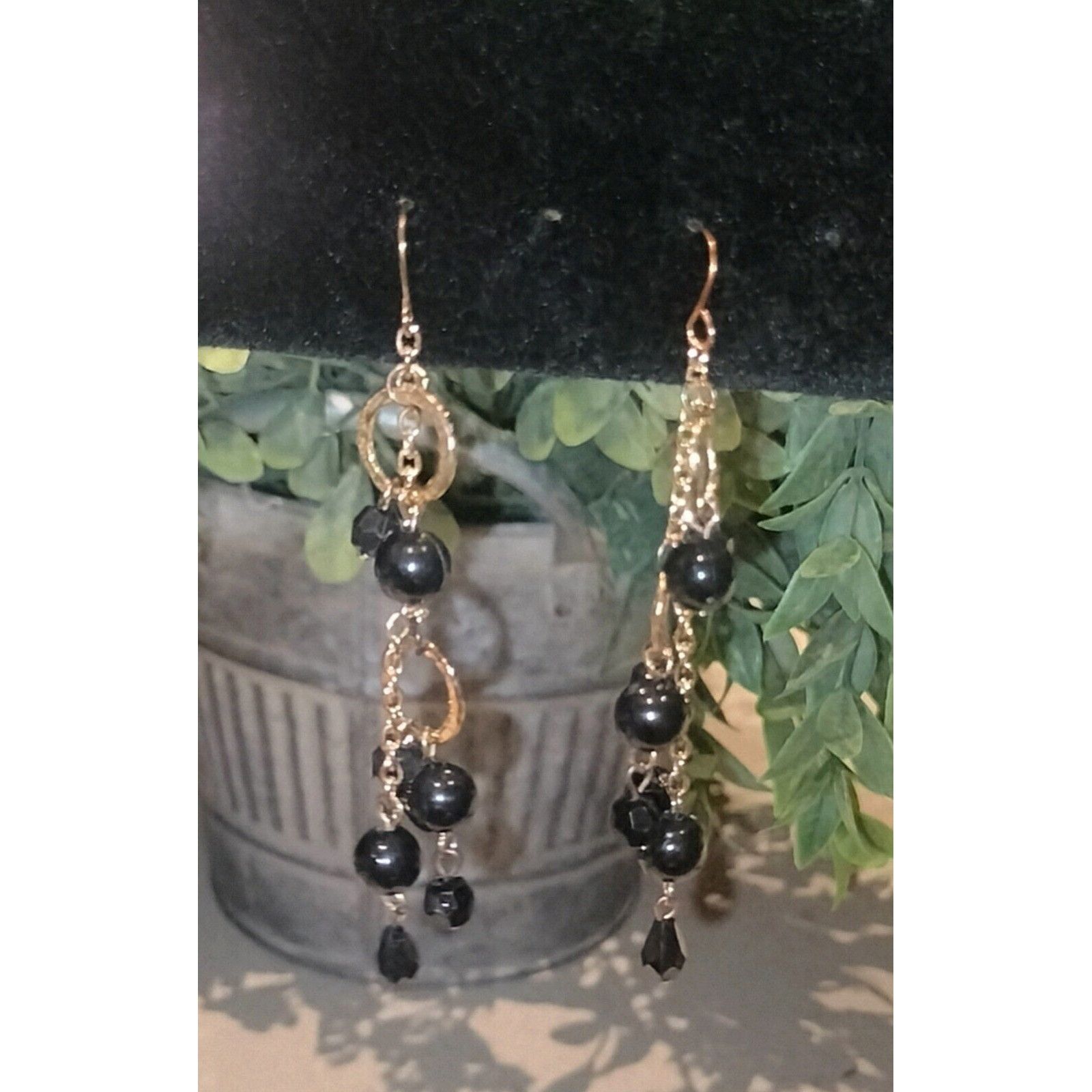 Vintage Black Glass Beaded Earrings Fashion Jewelry Gold Tone Drop D Size ONE SIZE - 3 Thumbnail