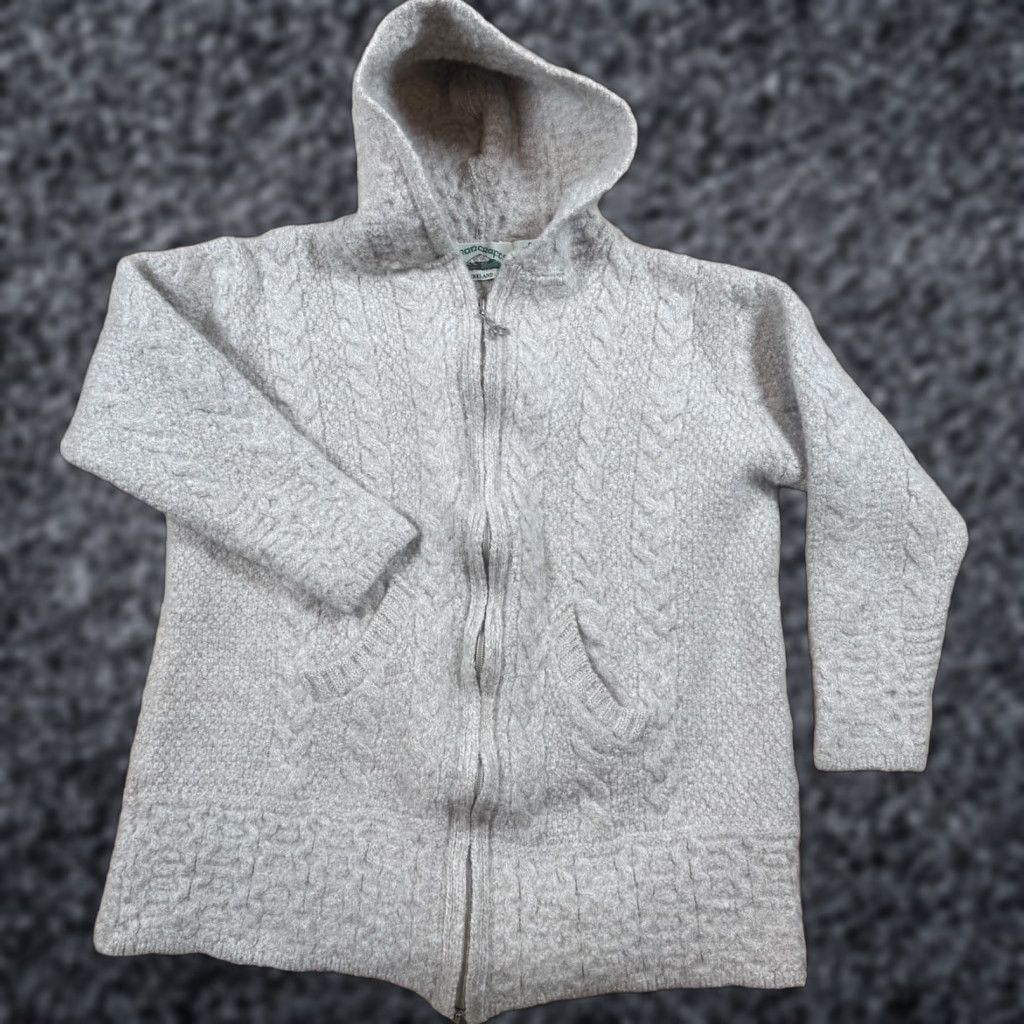 Vintage Aran Crafts Sweater Women XL Full Zip Hooded Chunky-Knit Wool Beige Ireland Merino Wool Chest Measurements Included Size XL / US 12-14 / IT 48-50 - 1 Thumbnail