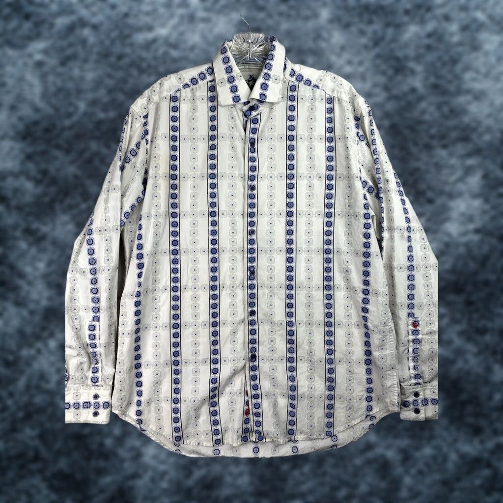 Robert Graham Robert Graham Mens Shirt Long Sleeve Button-Up Embroidered Logo Geometric White Blue L Size US L / EU 52-54 / 3 - 1 Thumbnail