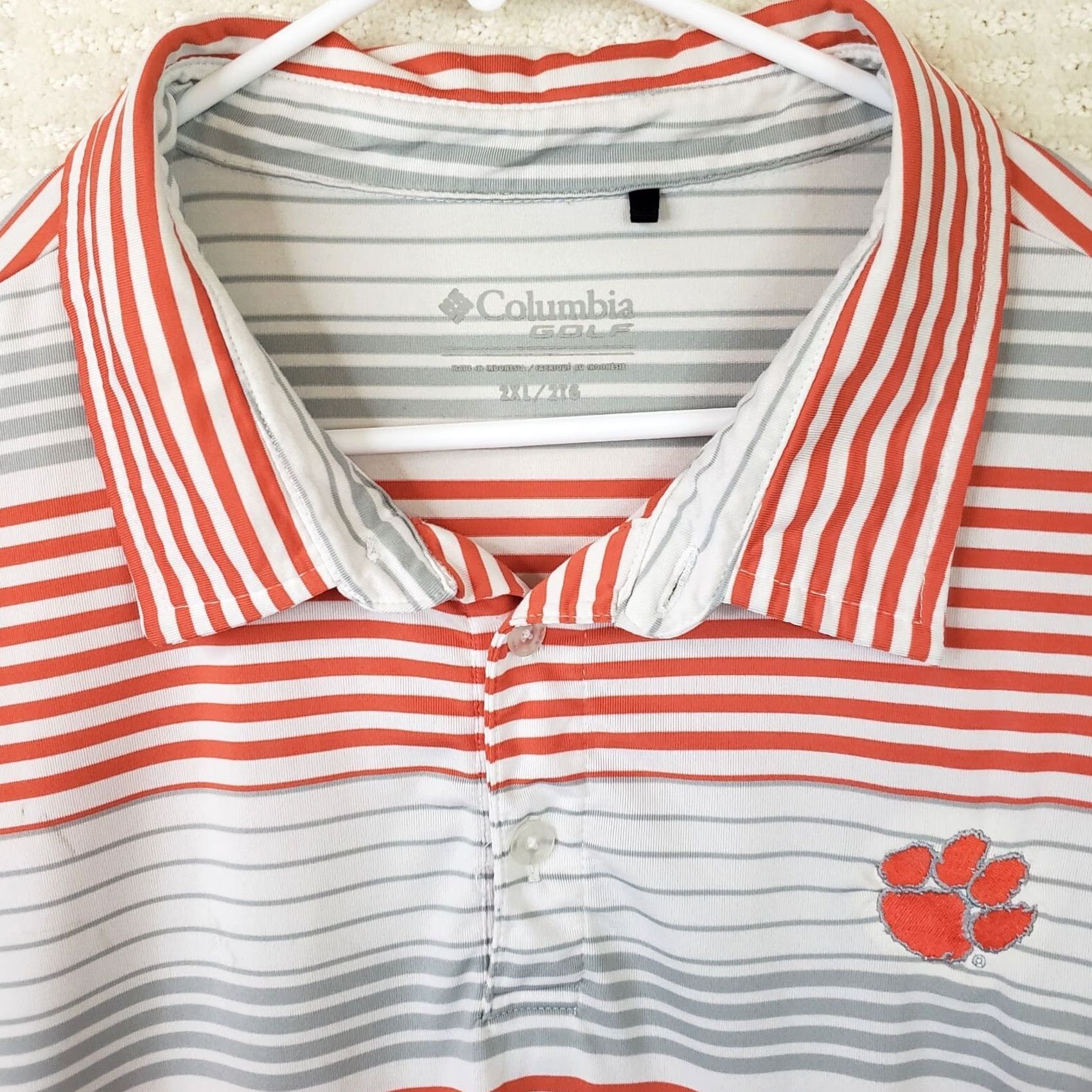 Vintage Columbia Polo Shirt Mens Short Sleeve Golf Light Gray Stripe Clemson Tigers Logo (XL) Size US XL / EU 56 / 4 - 4 Thumbnail