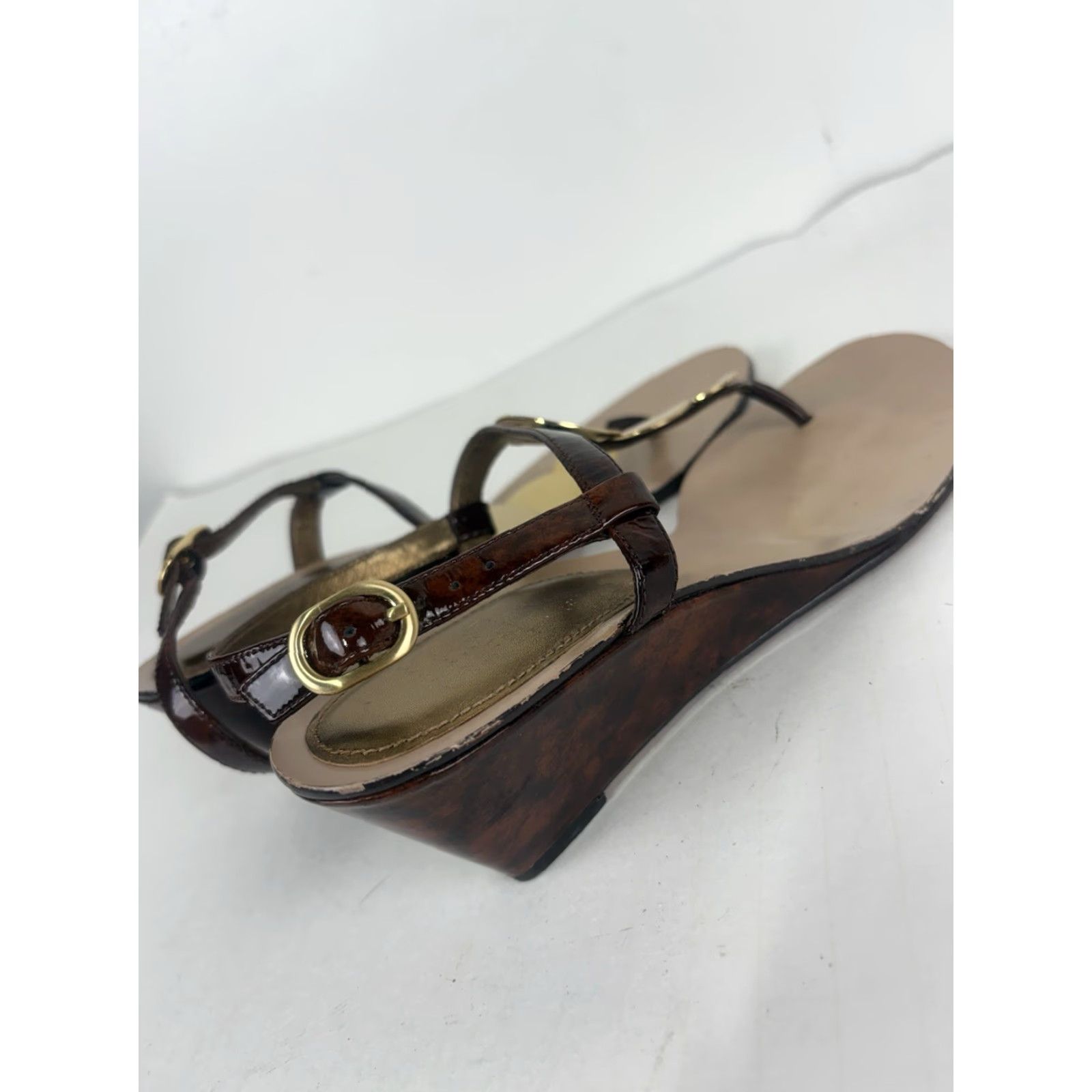 Saks Fifth Avenue Saks Fifth Avenue Leather Wedge Sandals Womens Size 8M Brown Glossy Strappy Spring Summer Size US 8 / IT 38 - 2 Thumbnail