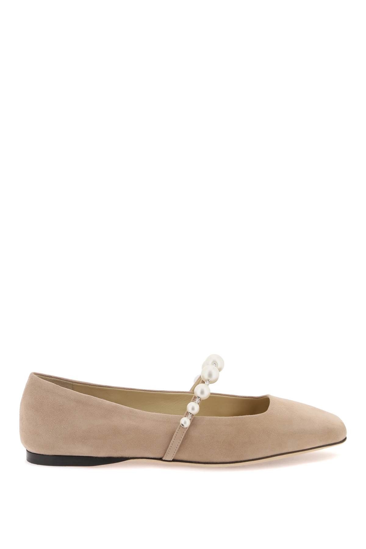 image of Jimmy Choo Suede Leather Ballerina Flats With Pearl in Ballet Pink White, Women's (Size 6)