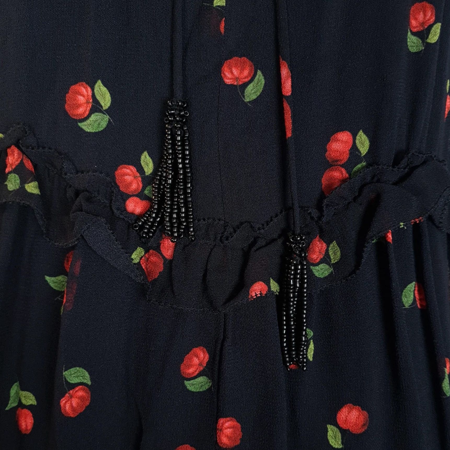Farm Rio VINTAGE Farm Rio Dress Womens XS / S Black Cherry Print Tiered Ruffle Halter Mini Lined Size S / US 4 / IT 40 - 5 Thumbnail