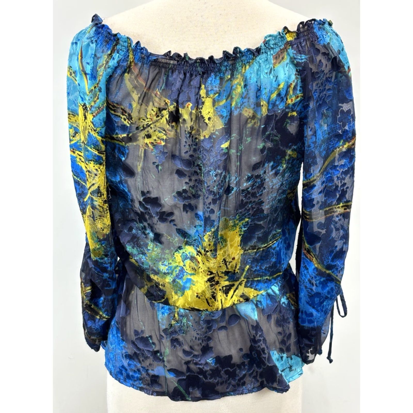 Vintage VINTAGE Cache Silk Blend Sheer Blouse XS Blue Off Shoulder Fairy Bohemian Y2K Womens Size XS / US 0-2 / IT 36-38 - 3 Thumbnail