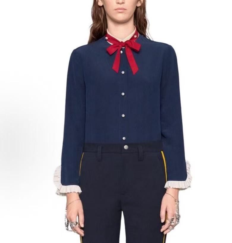 Gucci Gucci Dark Blue Lace Detail Silk Long Sleeve Shirt K26WX Size M / US 6-8 / IT 42-44 - 8 Thumbnail