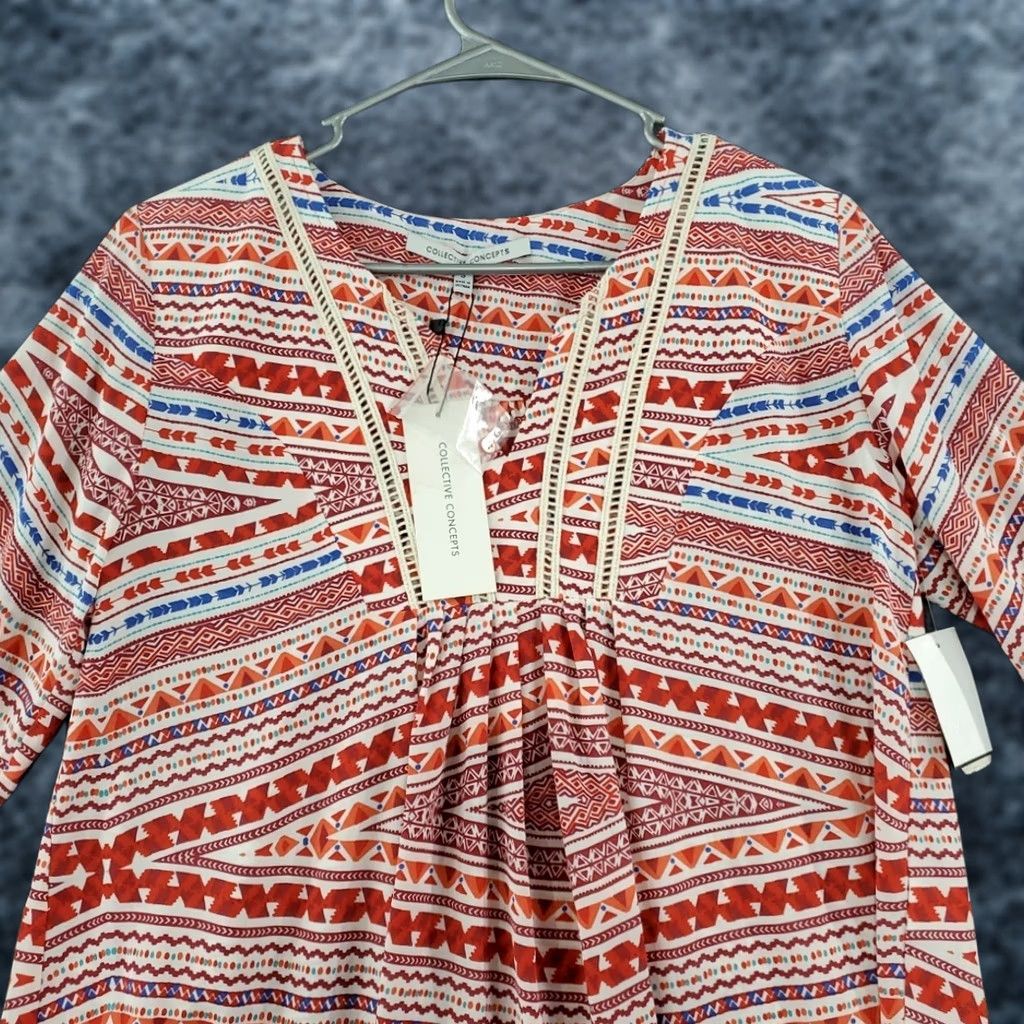 Vintage COLLECTIVE CONCEPTS Women's Blouse Shirt Tunic Red V-Neck Crochet Sheer Bohemian Tunic Long Sleeve Dolman Sleeve XS? No size given; S is size. Size S / US 4 / IT 40 - 1 Thumbnail